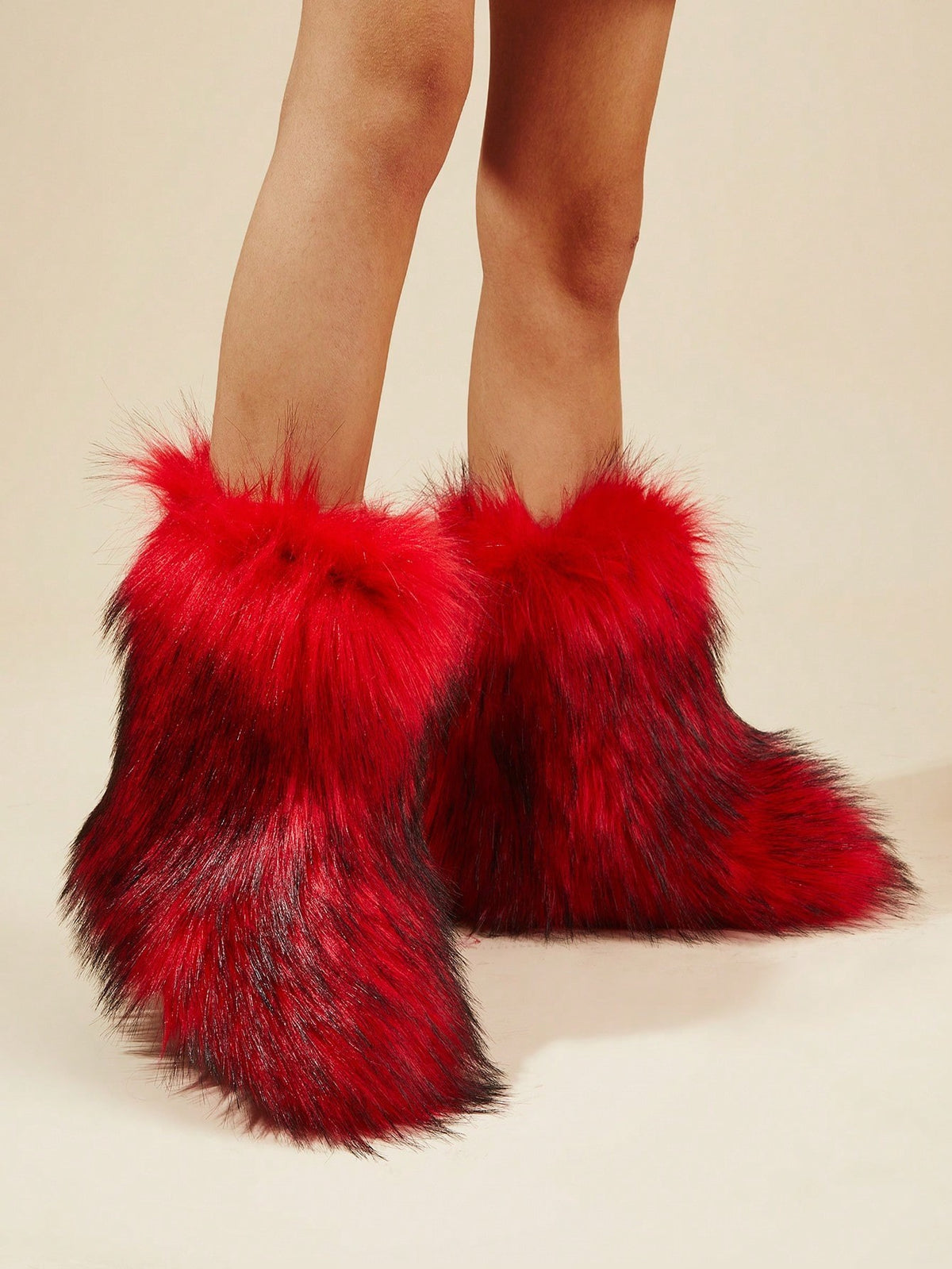 Women's Faux Fur Boots, Fluffy Mid-Calf Winter Boots with Warm Lining, Red, view 2