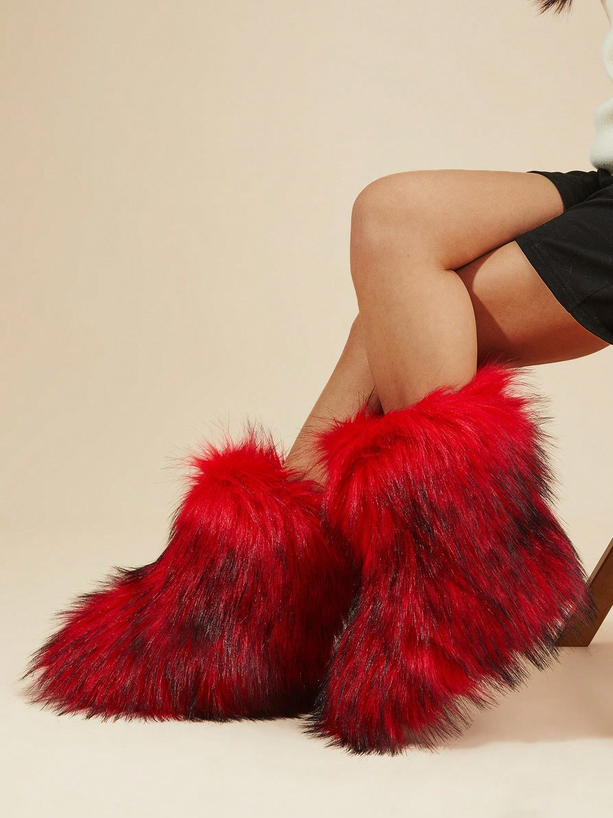 Women's Faux Fur Boots, Fluffy Mid-Calf Winter Boots with Warm Lining, Red, view 3
