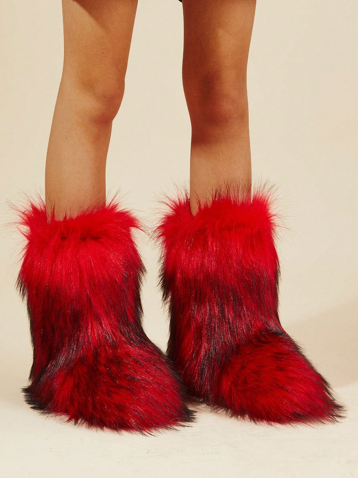 Women's Faux Fur Boots, Fluffy Mid-Calf Winter Boots with Warm Lining, Red, view 4