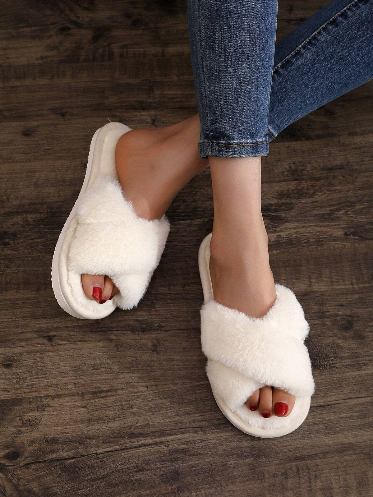 Women's Fuzzy Cross Band Slippers, Open Toe Plush House Slides with Quiet Sole, Beige, view 3