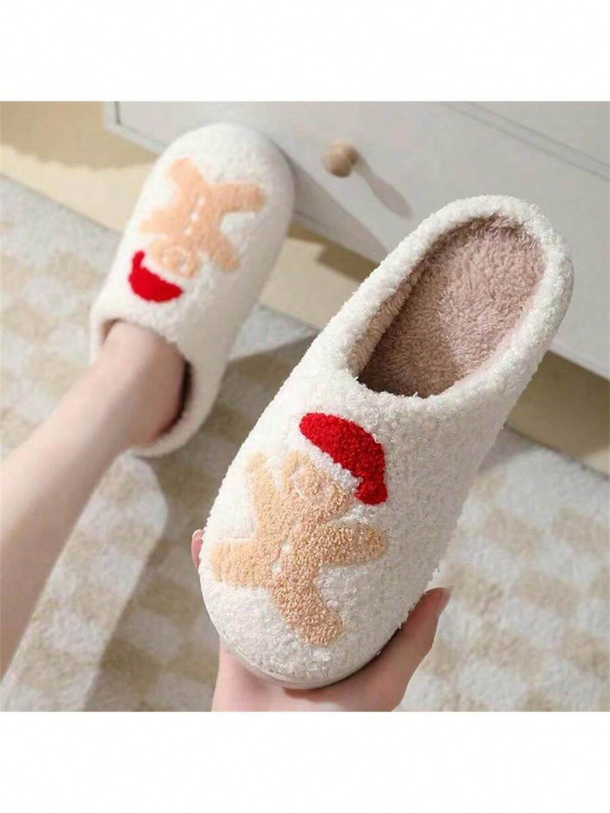 Women's Christmas Slippers, Fuzzy Closed-Toe House Slippers with Santa, Gingerbread or Reindeer, Gingerbread
