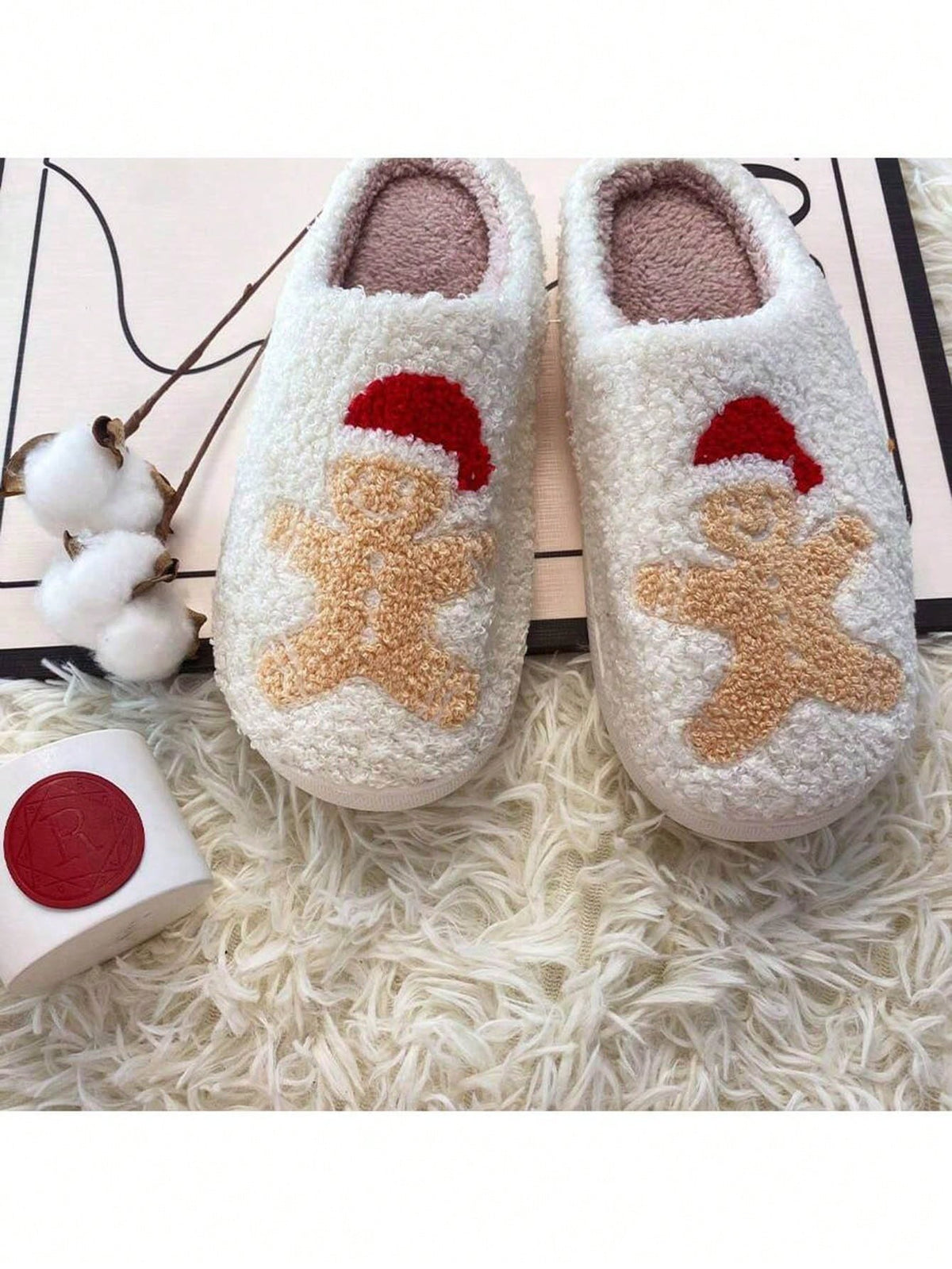 Women's Christmas Slippers, Fuzzy Closed-Toe House Slippers with Santa, Gingerbread or Reindeer, Gingerbread, view 2