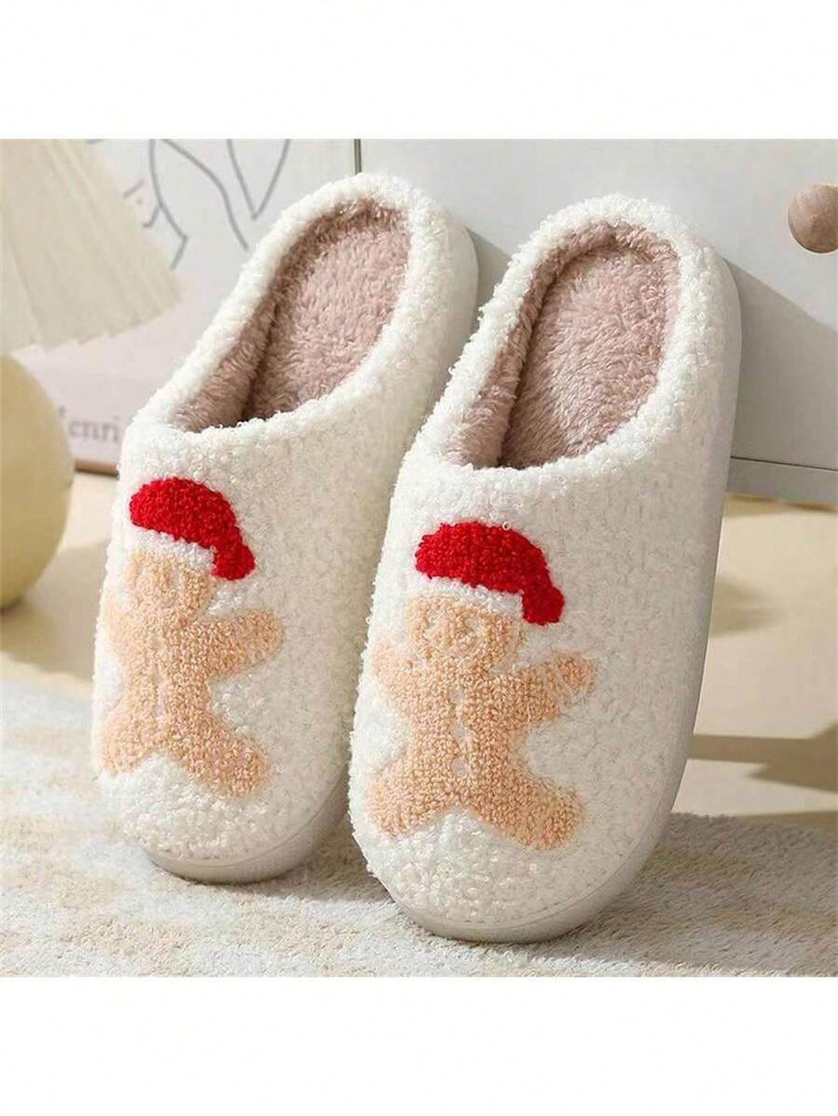 Women's Christmas Slippers, Fuzzy Closed-Toe House Slippers with Santa, Gingerbread or Reindeer, Gingerbread, view 3