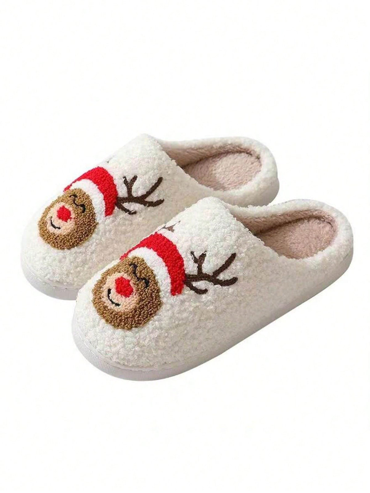 Women's Christmas Slippers, Fuzzy Closed-Toe House Slippers with Santa, Gingerbread or Reindeer, Reindeer