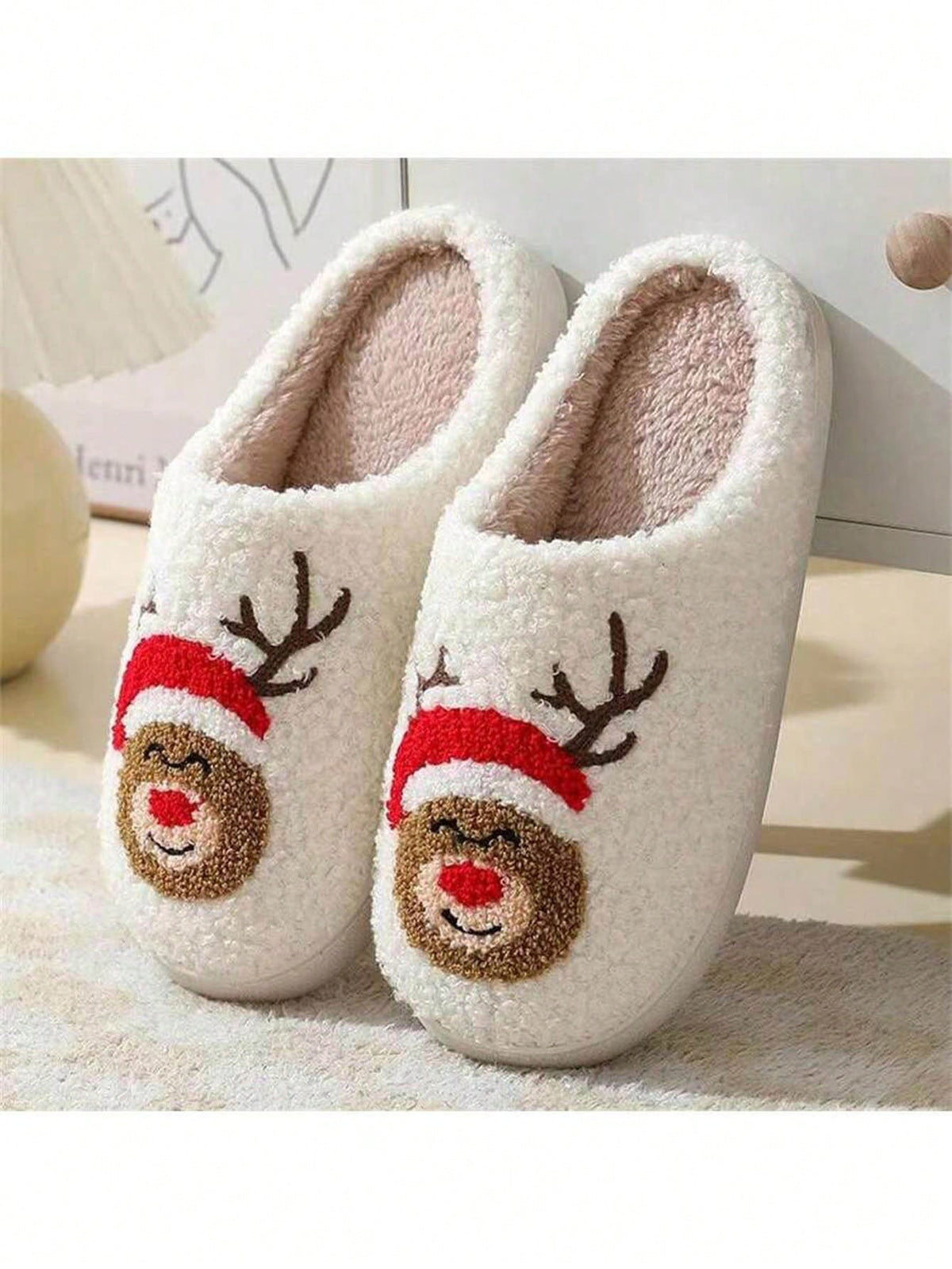 Women's Christmas Slippers, Fuzzy Closed-Toe House Slippers with Santa, Gingerbread or Reindeer, Reindeer, view 3