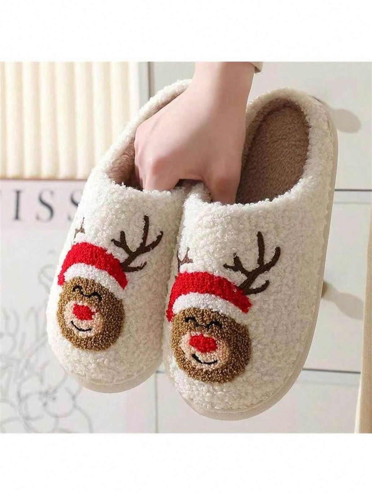 Women's Christmas Slippers, Fuzzy Closed-Toe House Slippers with Santa, Gingerbread or Reindeer, Reindeer, view 5