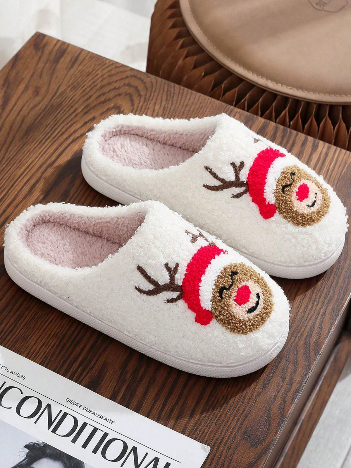 Women's Christmas Slippers, Fuzzy Closed-Toe House Slippers with Santa, Gingerbread or Reindeer, Reindeer, view 4