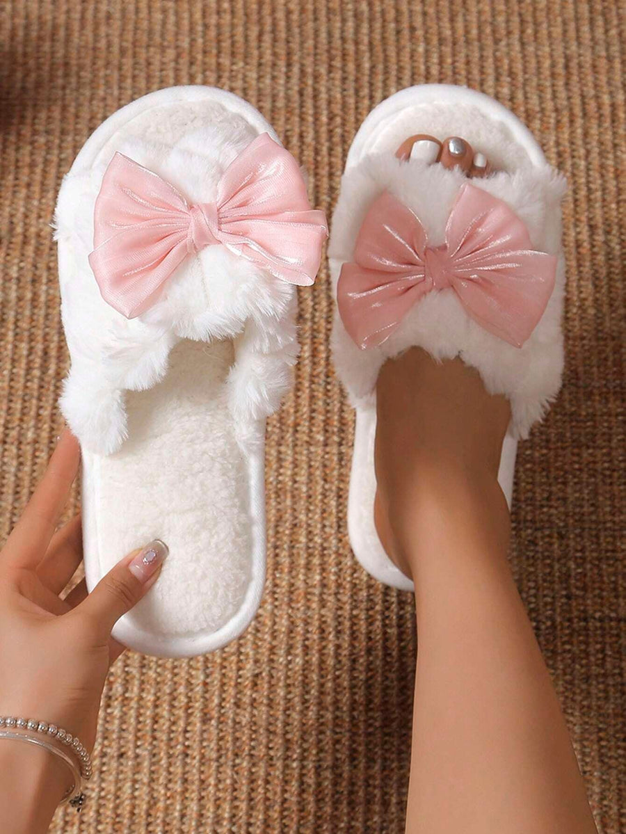 Women's Fuzzy Bow Slides, Open Toe Plush Slippers with Oversized Satin Bow, White/Pink