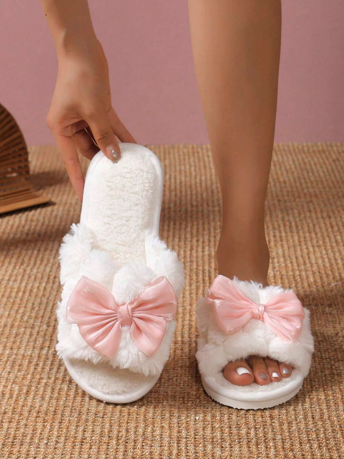 Women's Fuzzy Bow Slides, Open Toe Plush Slippers with Oversized Satin Bow, White/Pink, view 3