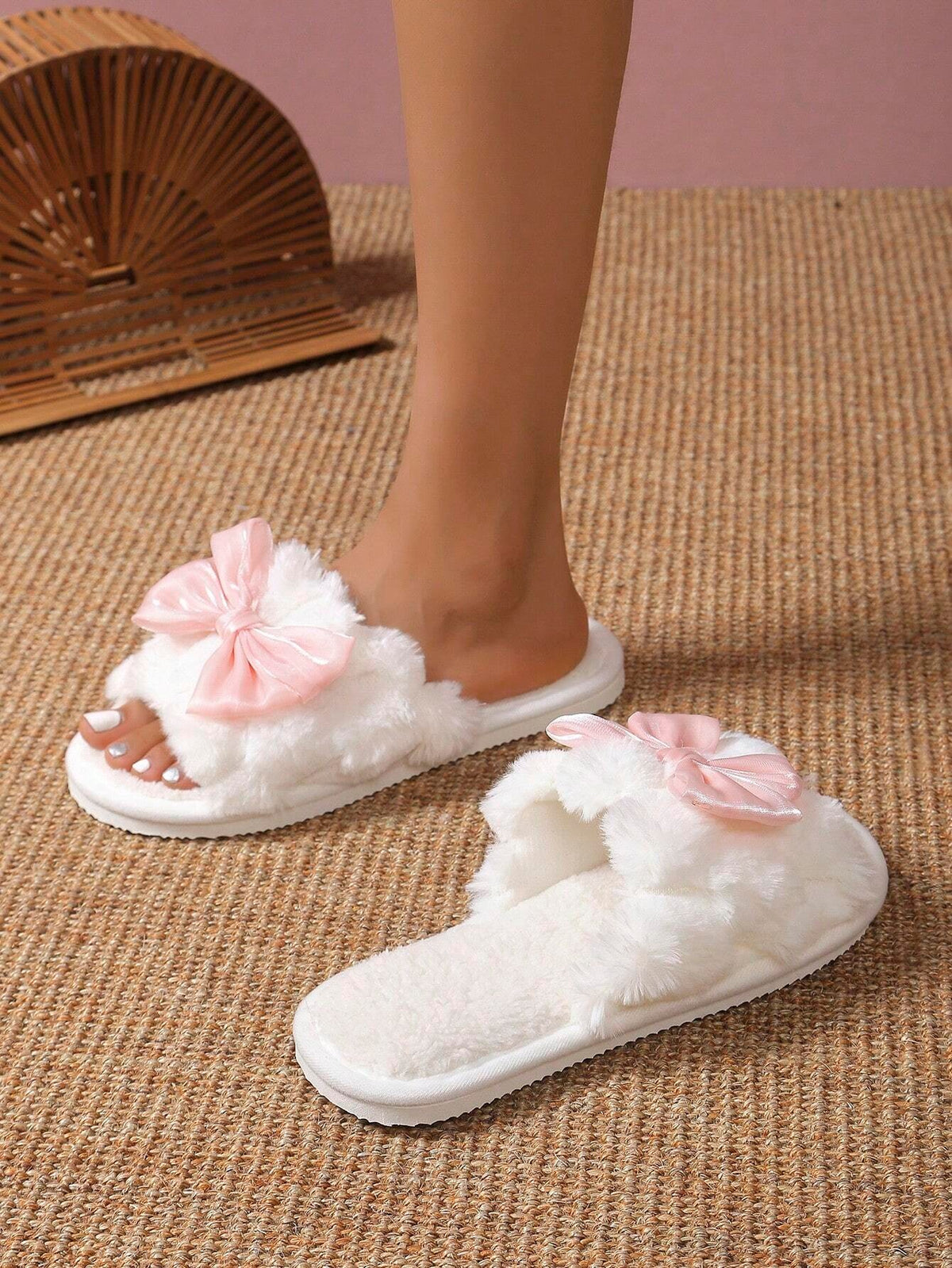 Women's Fuzzy Bow Slides, Open Toe Plush Slippers with Oversized Satin Bow, White/Pink, view 4