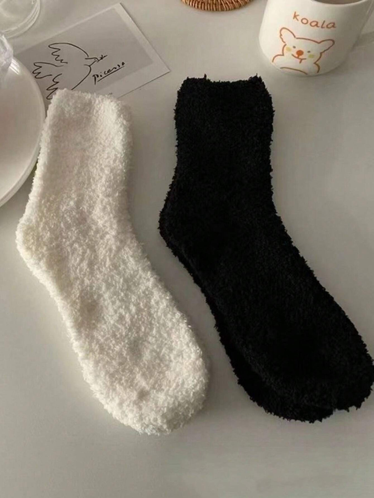 Women's Fuzzy Coral Fleece Socks, 4 Pairs in Black and White, Thick Winter Crew Socks, Black/White, view 2