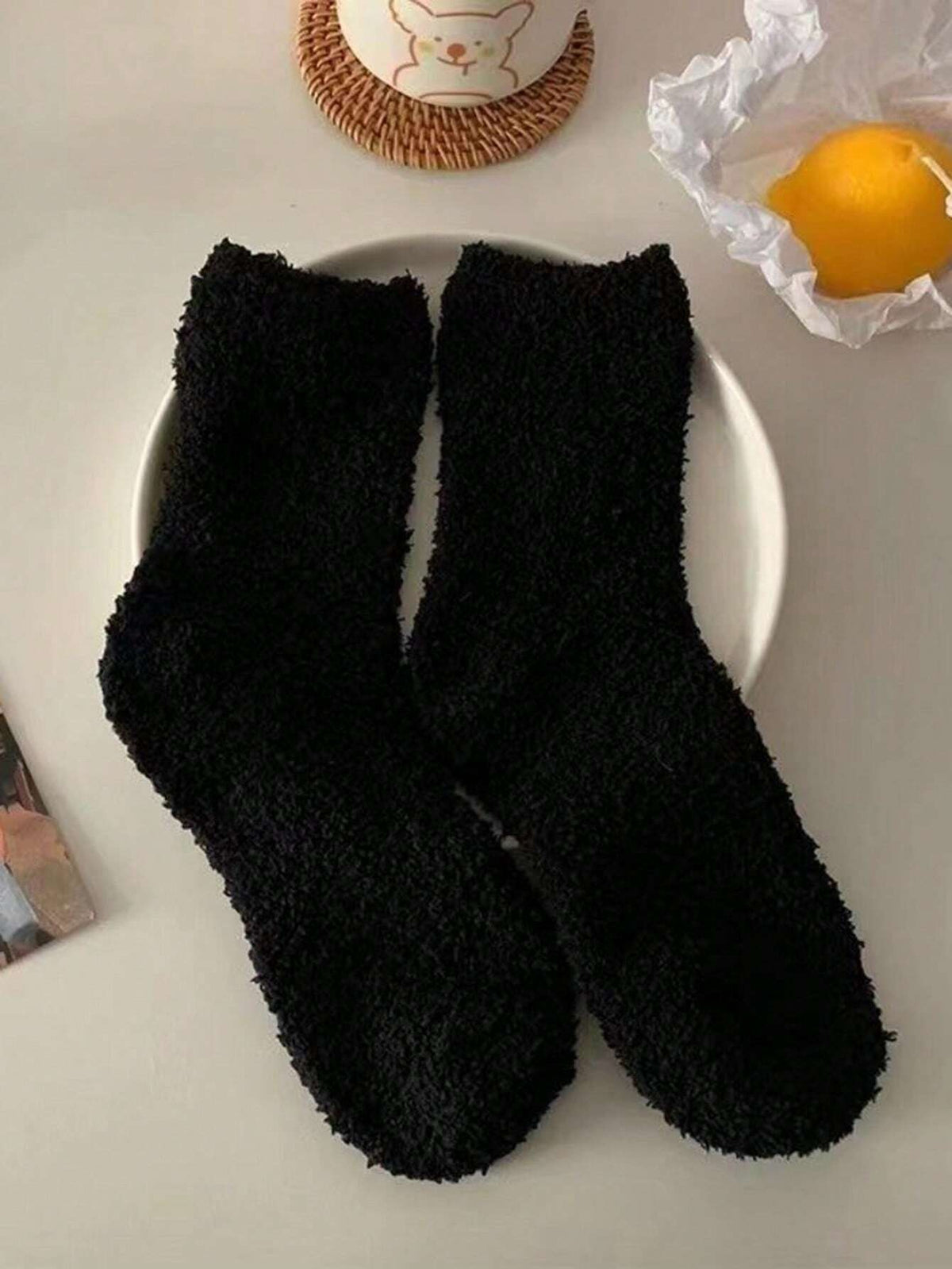 Women's Fuzzy Coral Fleece Socks, 4 Pairs in Black and White, Thick Winter Crew Socks, Black/White