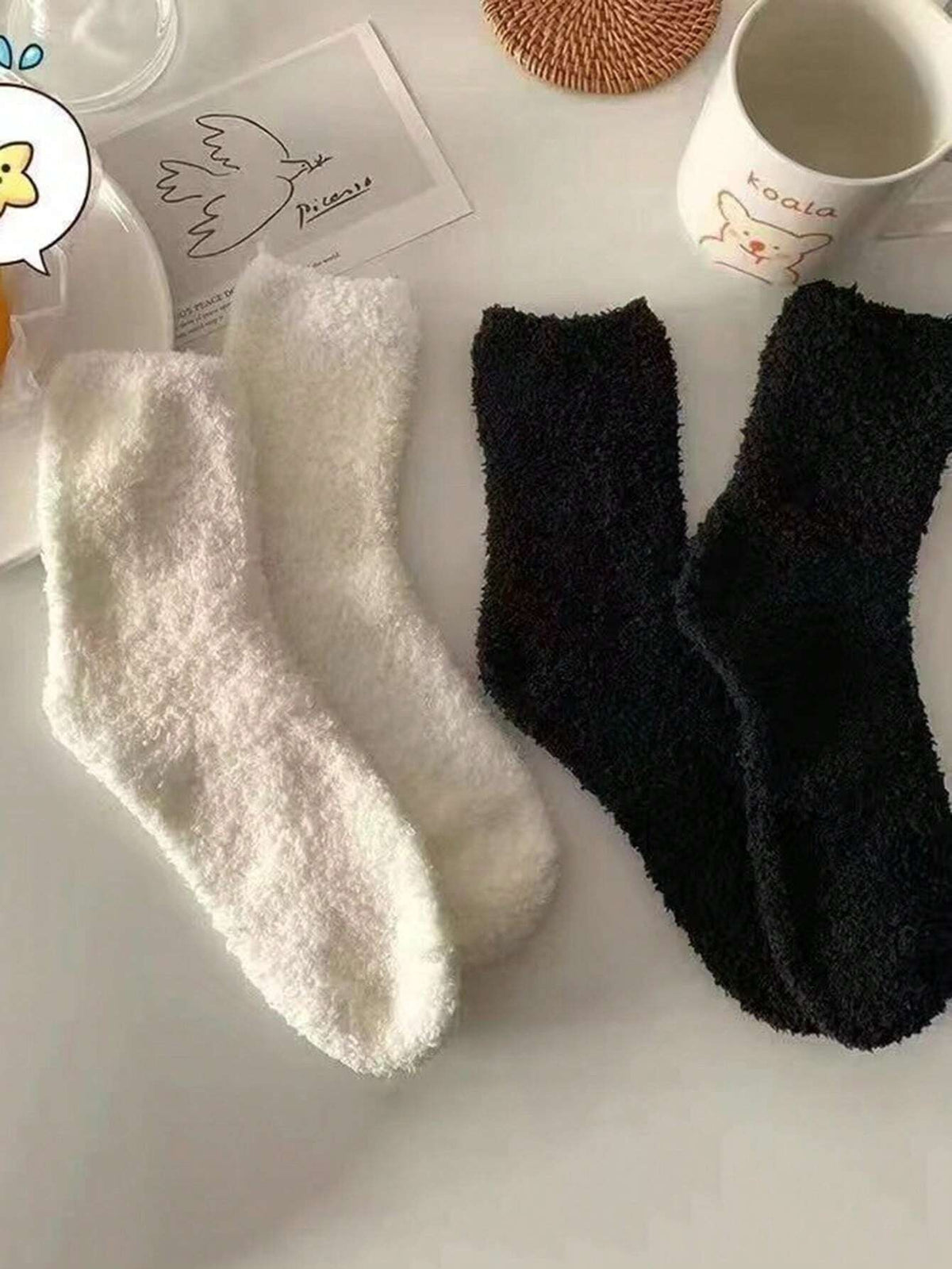 Women's Fuzzy Coral Fleece Socks, 4 Pairs in Black and White, Thick Winter Crew Socks, Black/White, view 3