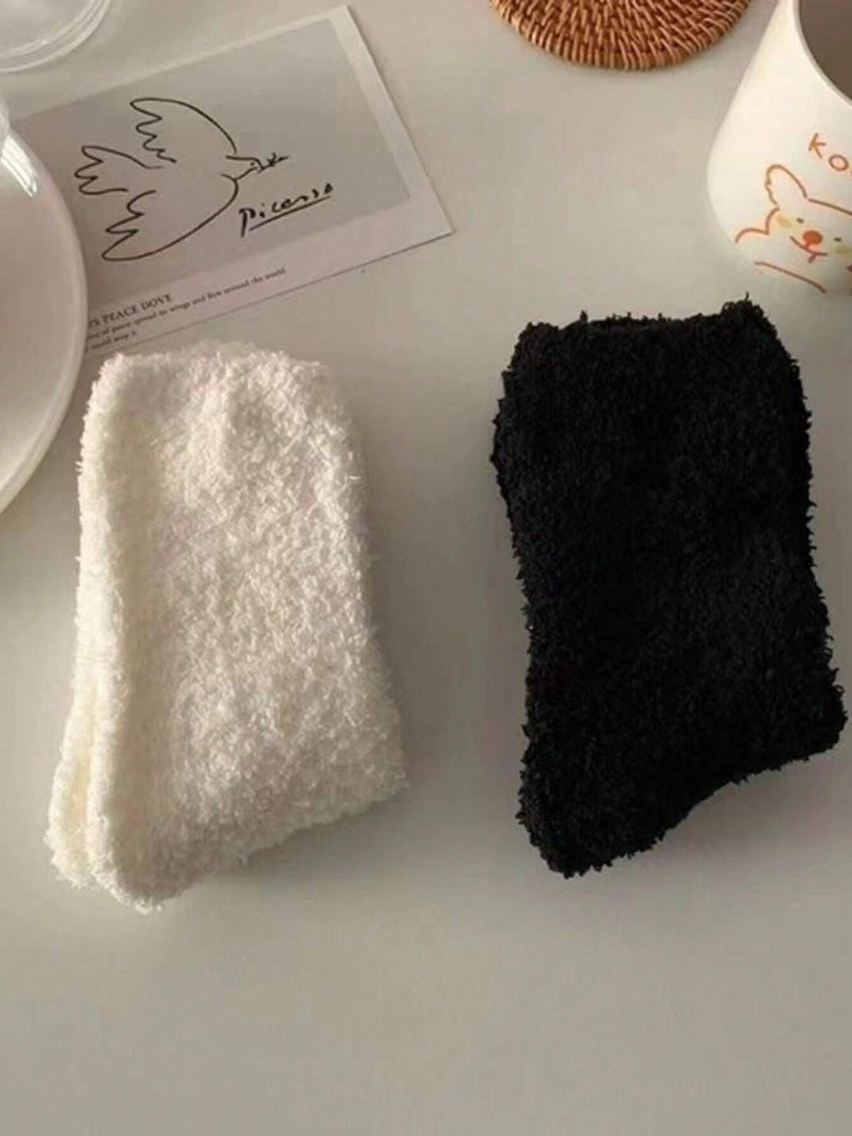 Women's Fuzzy Coral Fleece Socks, 4 Pairs in Black and White, Thick Winter Crew Socks, Black/White, view 5