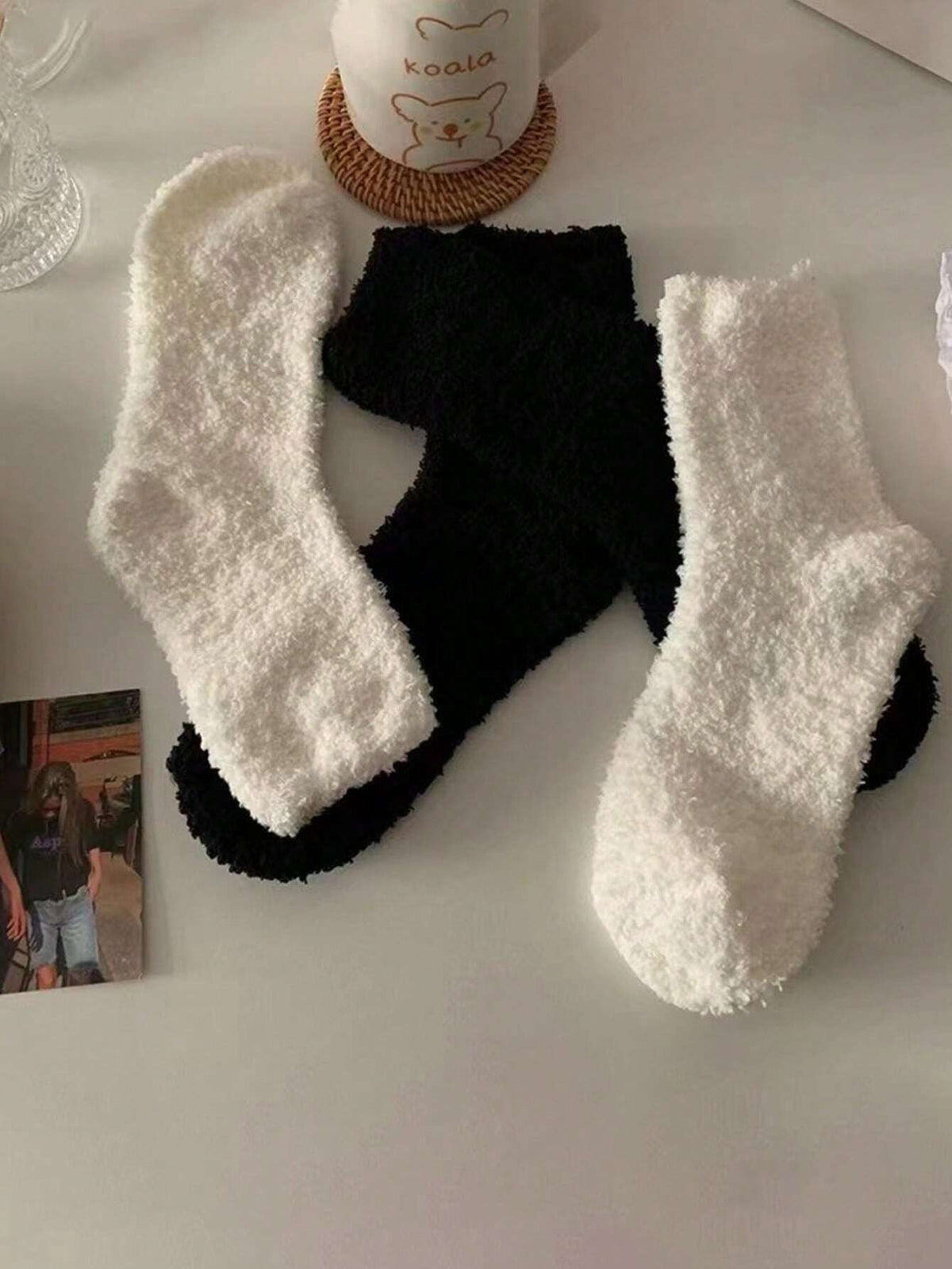 Women's Fuzzy Coral Fleece Socks, 4 Pairs in Black and White, Thick Winter Crew Socks, Black/White, view 4