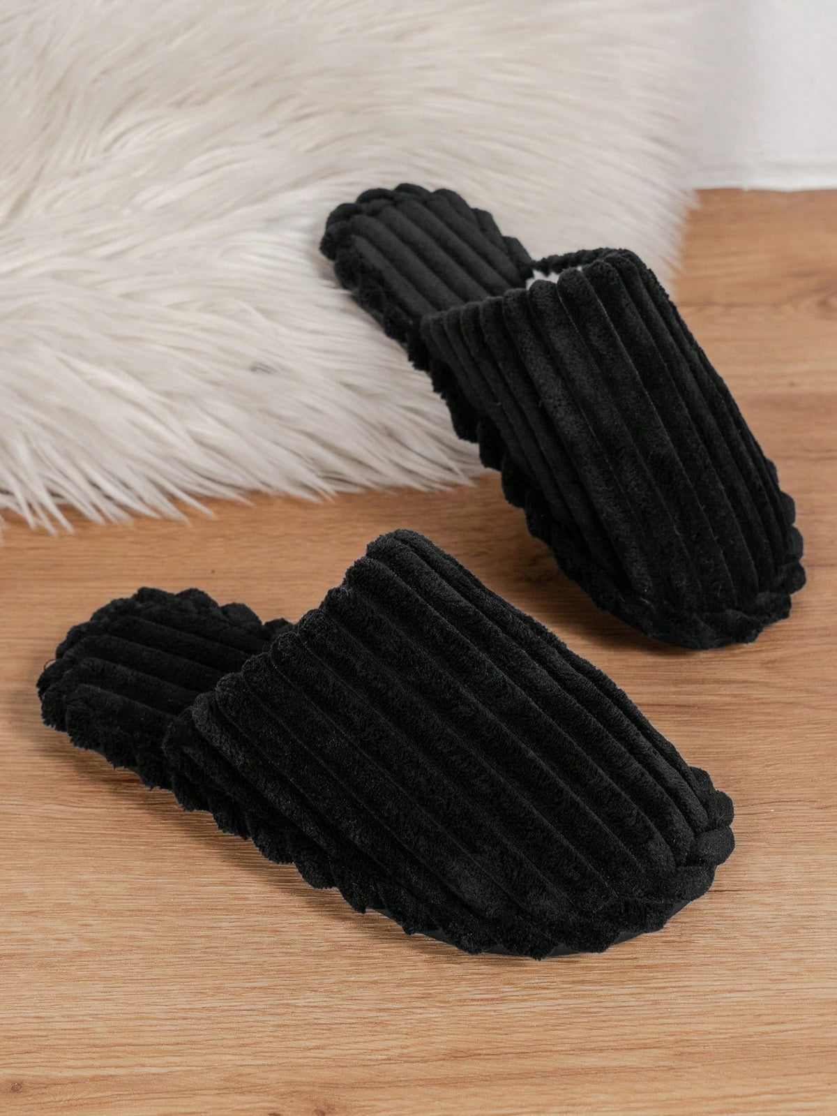 Women's Corduroy Mule Slippers, Closed-Toe Backless House Slippers with Light Sole, Black, view 6