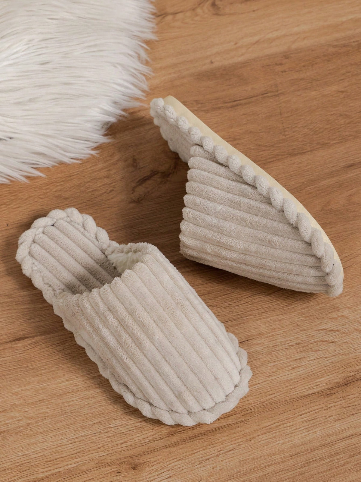 Women's Corduroy Mule Slippers, Closed-Toe Backless House Slippers with Light Sole, Cream, view 5