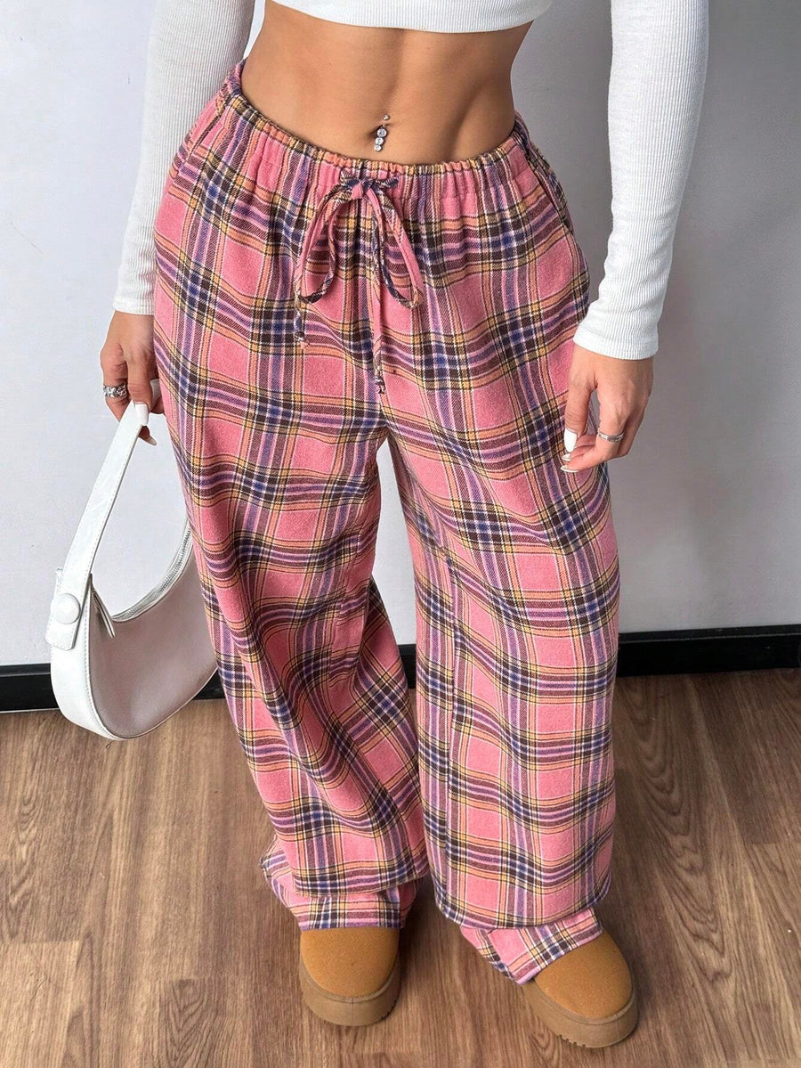 Women's Plaid Pajama Pants with Drawstring, Wide Leg Lounge Pants with Pockets, Pink Plaid