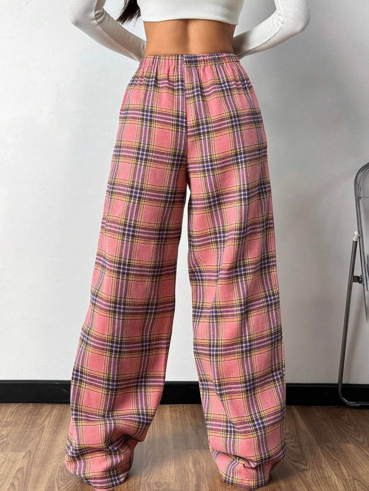 Women's Plaid Pajama Pants with Drawstring, Wide Leg Lounge Pants with Pockets, Pink Plaid, view 2