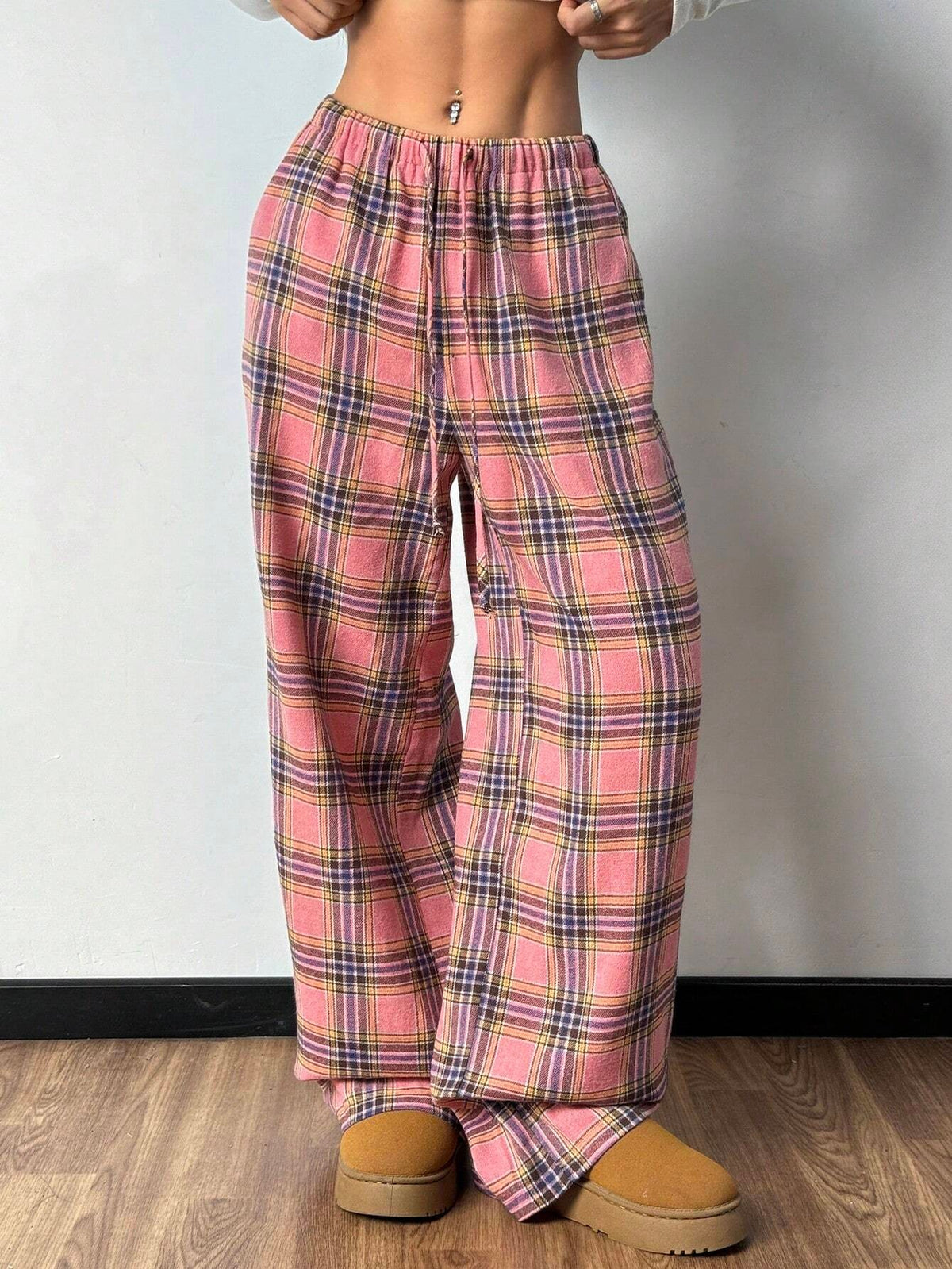 Women's Plaid Pajama Pants with Drawstring, Wide Leg Lounge Pants with Pockets, Pink Plaid, view 3