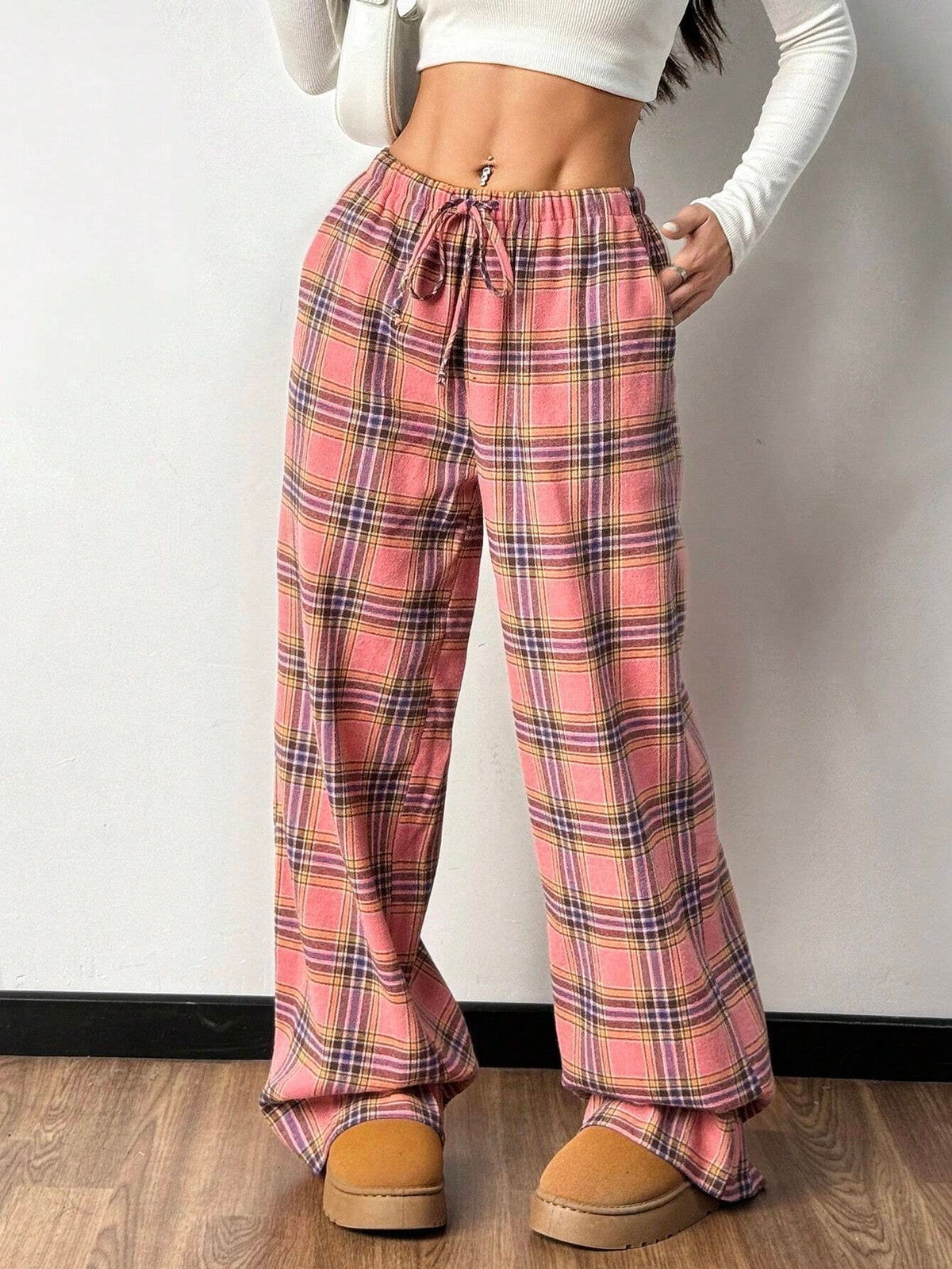 Women's Plaid Pajama Pants with Drawstring, Wide Leg Lounge Pants with Pockets, Pink Plaid, view 4