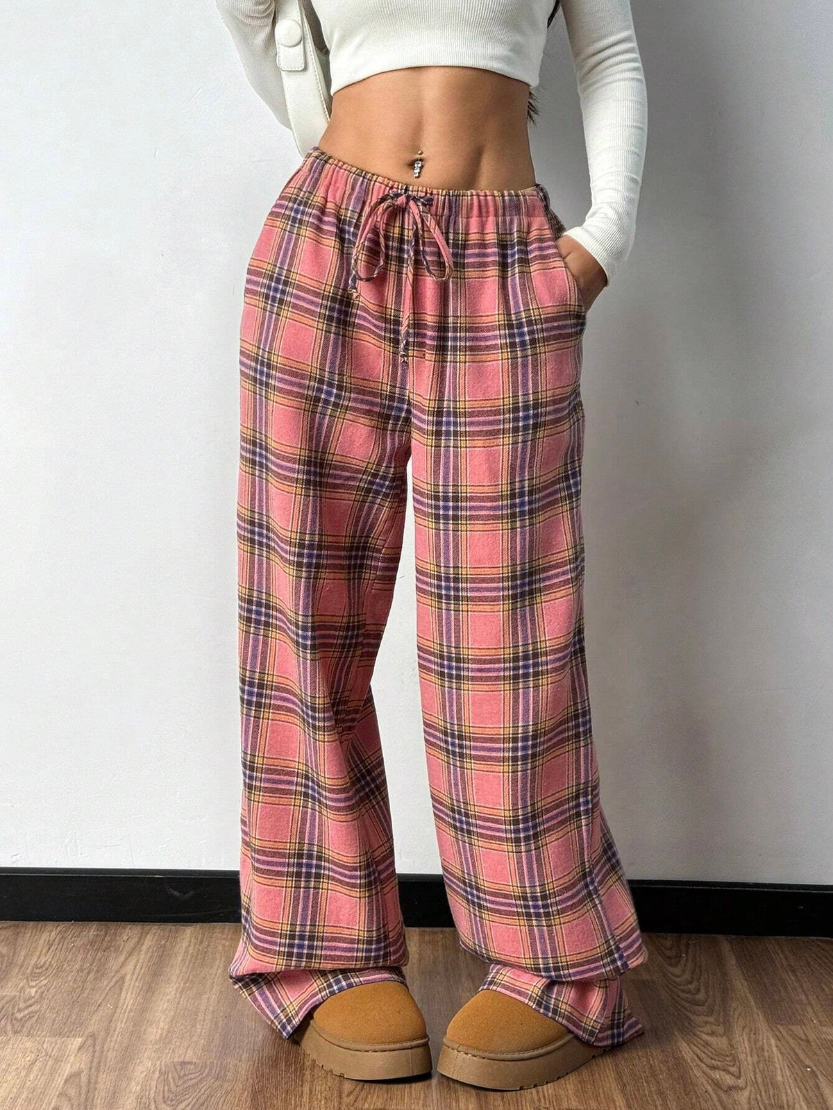 Women's Plaid Pajama Pants with Drawstring, Wide Leg Lounge Pants with Pockets, Pink Plaid, view 5