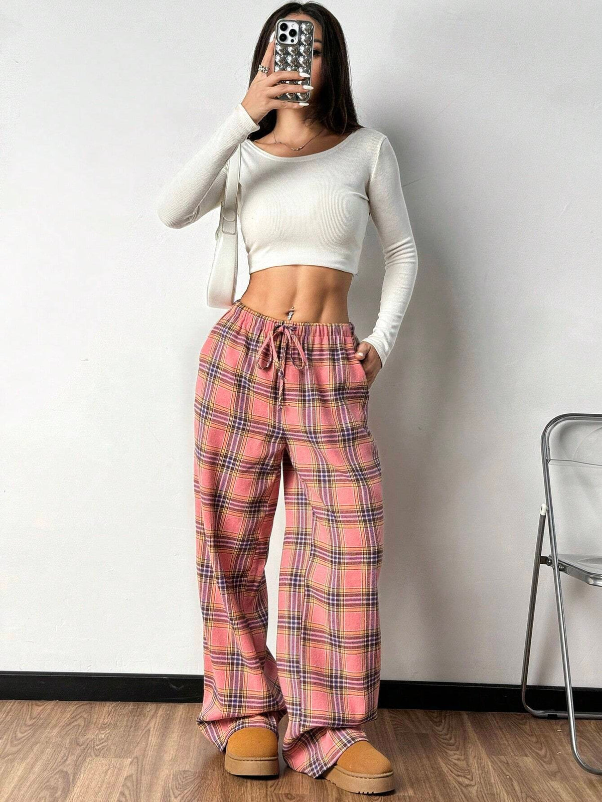 Women's Plaid Pajama Pants with Drawstring, Wide Leg Lounge Pants with Pockets, Pink Plaid, view 6