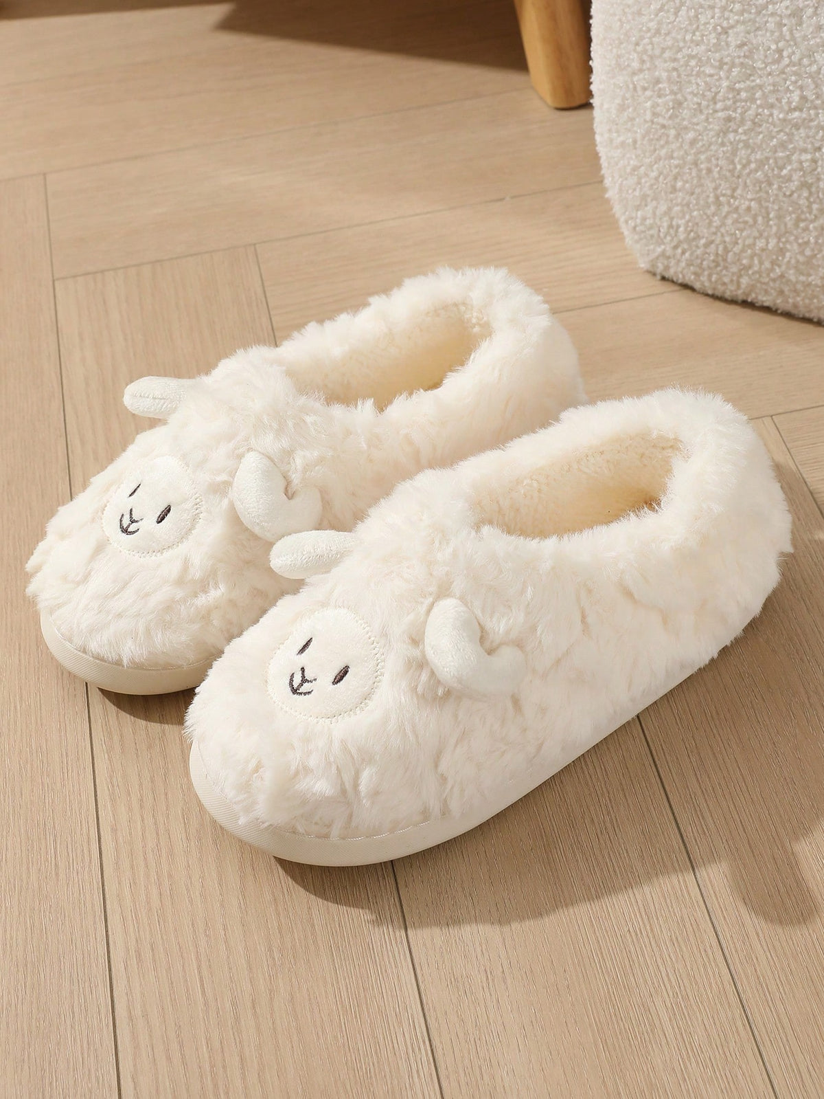 Women's Lamb Slippers, Fuzzy Closed-Toe House Slippers with Embroidered Face and Fleece Lining, White, view 3