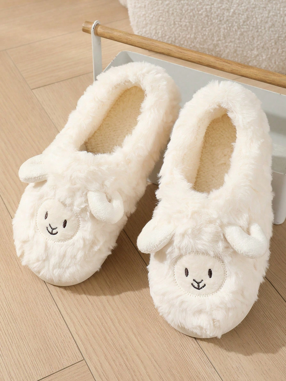 Women's Lamb Slippers, Fuzzy Closed-Toe House Slippers with Embroidered Face and Fleece Lining, White, view 2