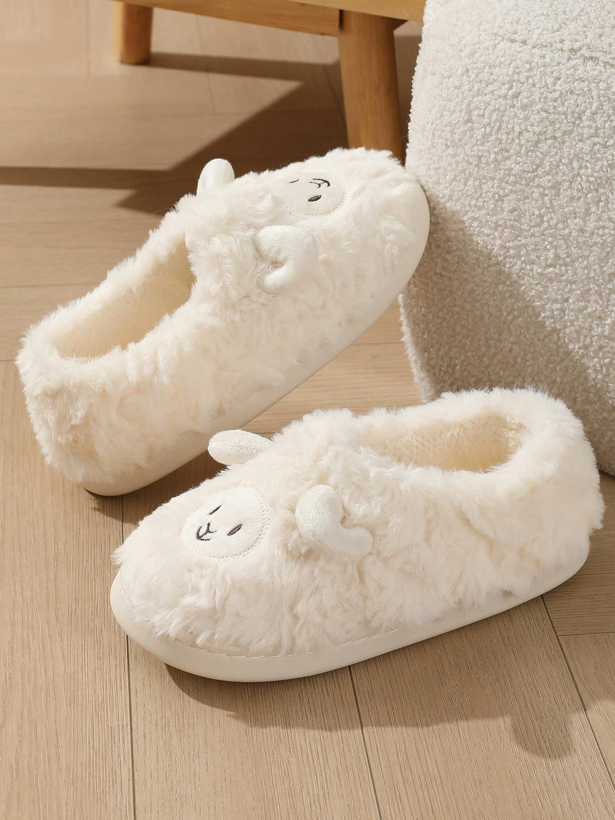 Women's Lamb Slippers, Fuzzy Closed-Toe House Slippers with Embroidered Face and Fleece Lining, White, view 4
