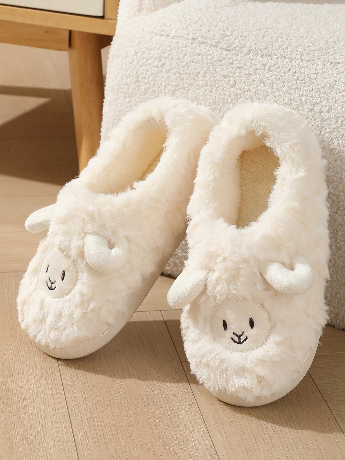 Women's Lamb Slippers, Fuzzy Closed-Toe House Slippers with Embroidered Face and Fleece Lining, White, view 5