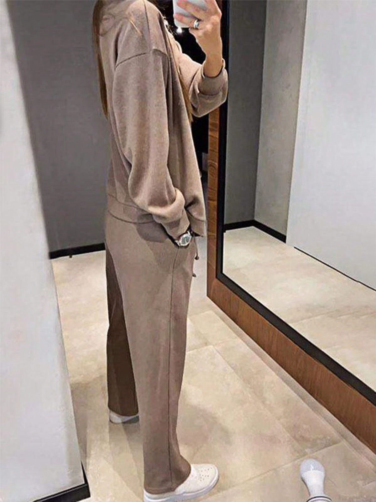 Women's Knit Lounge Set, Button Cardigan and Drawstring Pants, Two-Piece Matching Set, Coffee Brown, view 2