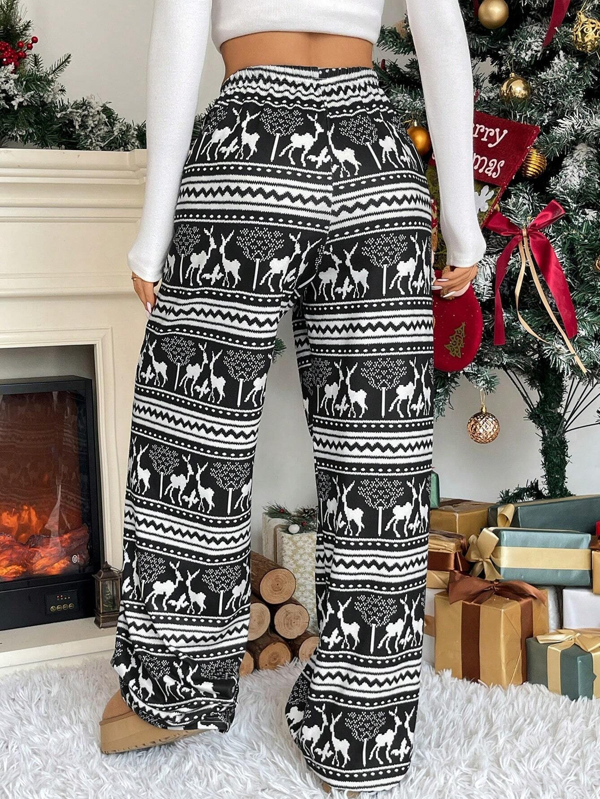 Women's Christmas Pajama Pants, Black and White Fair Isle Reindeer Print with Drawstring, Black, view 4