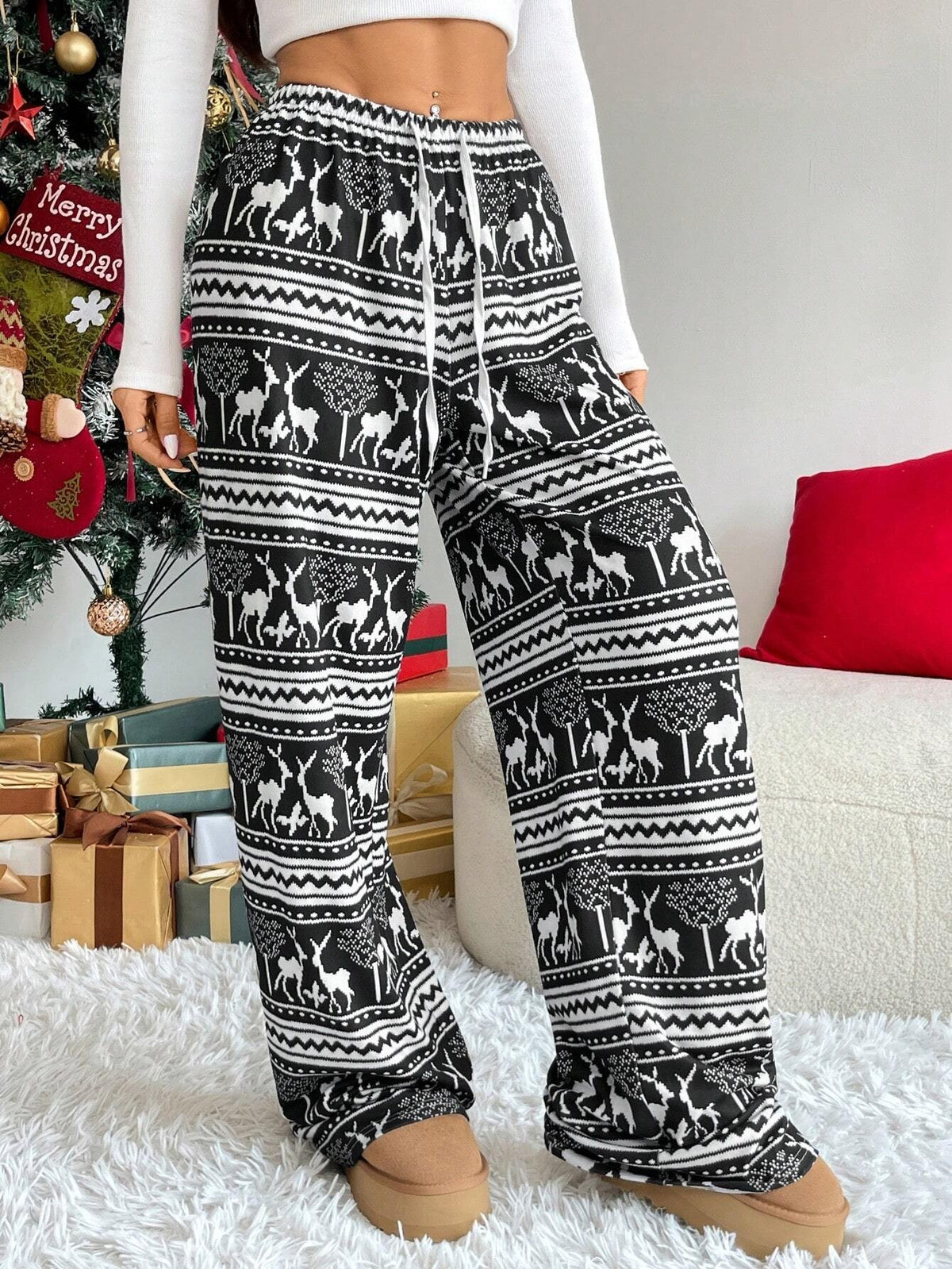Women's Christmas Pajama Pants, Black and White Fair Isle Reindeer Print with Drawstring, Black, view 6