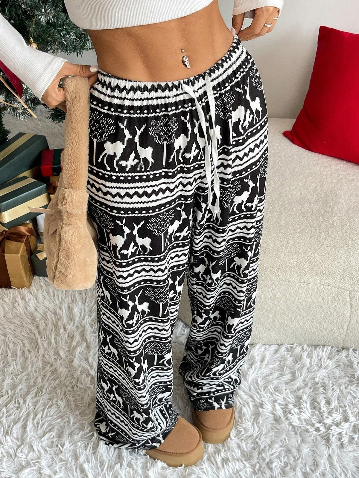 Women's Christmas Pajama Pants, Black and White Fair Isle Reindeer Print with Drawstring, Black