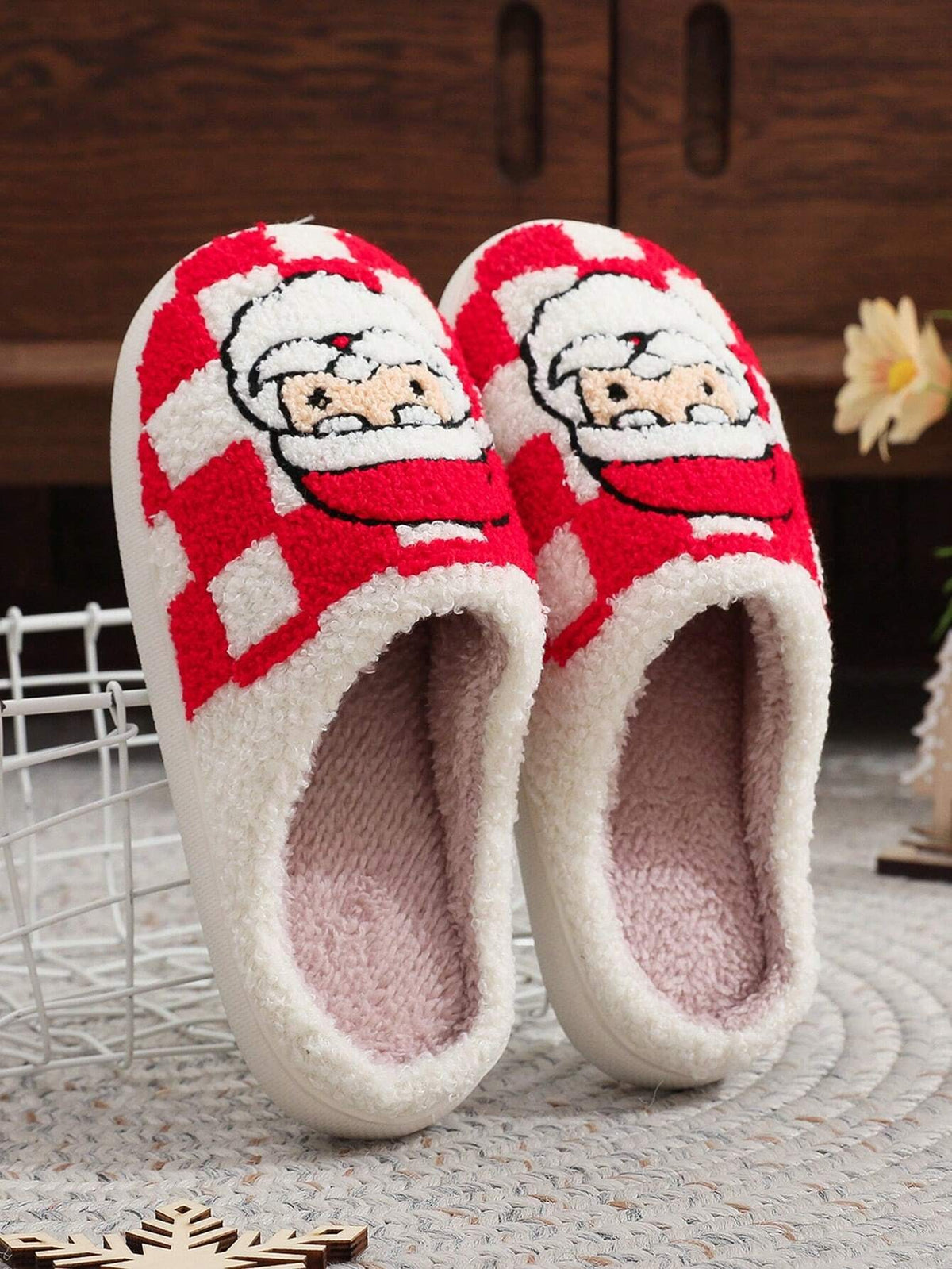 Women's Christmas Slippers, Fuzzy Closed-Toe House Slippers with Santa, Gingerbread or Reindeer, Red Santa, view 3