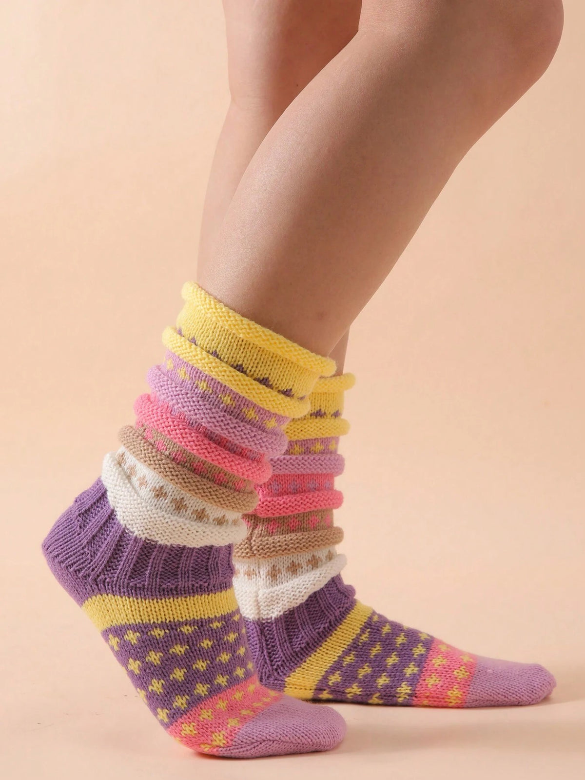 Women's Chunky Knit Slouch Socks, 2 Pairs with Colorful Stripes, Warm House Socks, Purple, view 5