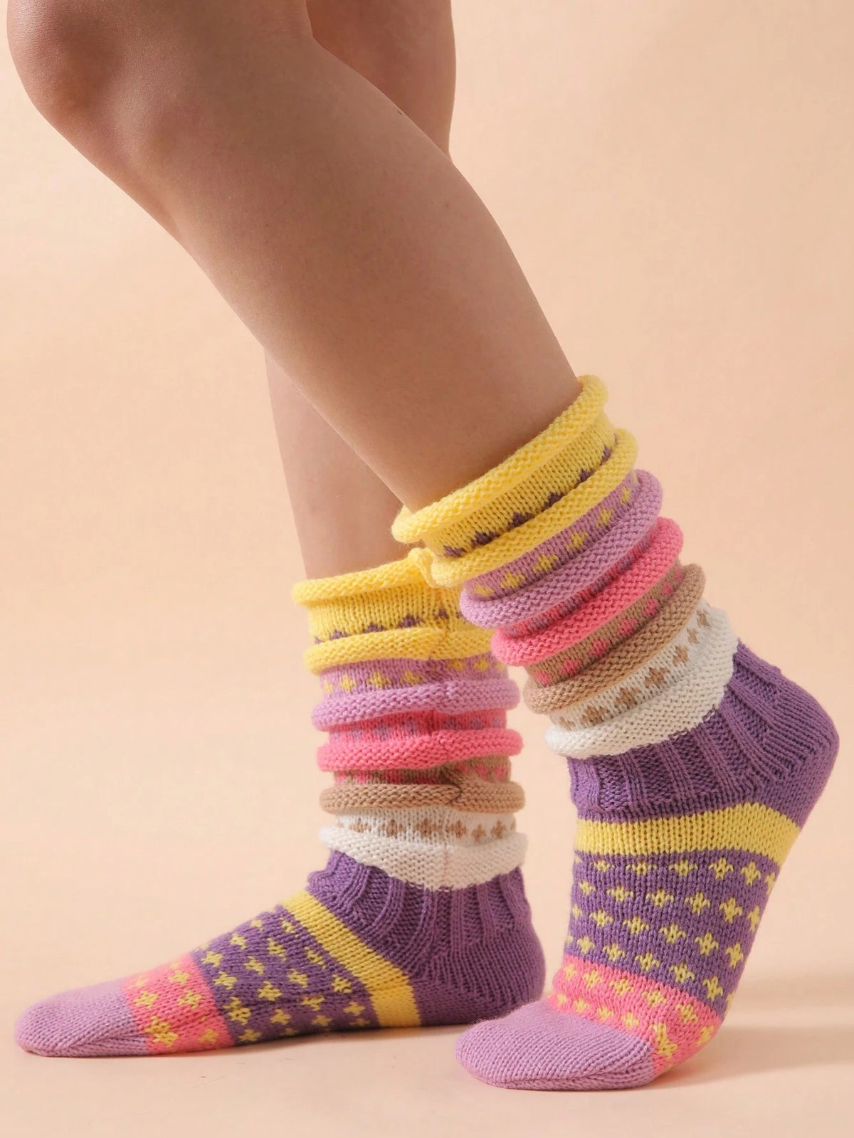 Women's Chunky Knit Slouch Socks, 2 Pairs with Colorful Stripes, Warm House Socks, Purple, view 2