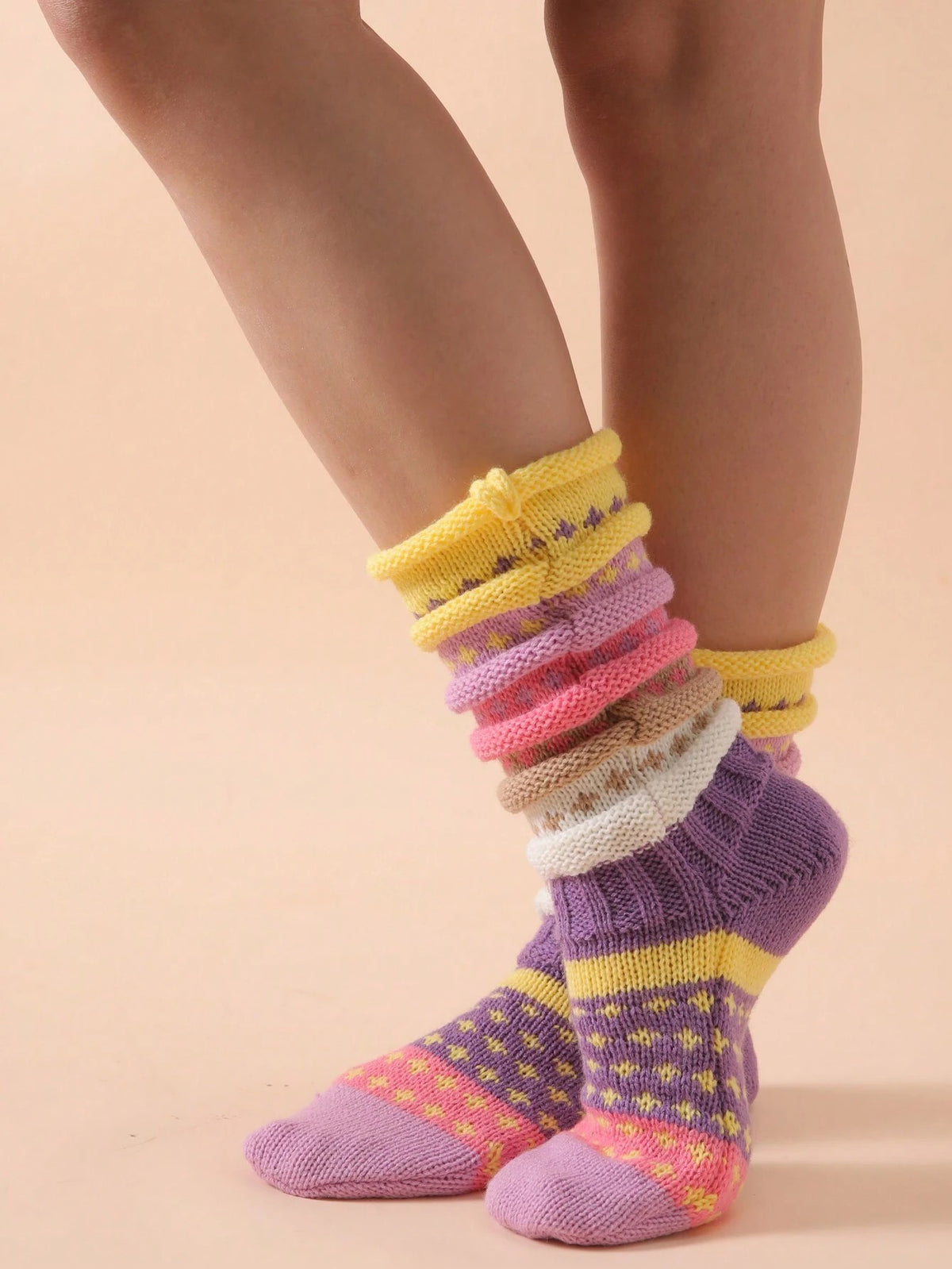 Women's Chunky Knit Slouch Socks, 2 Pairs with Colorful Stripes, Warm House Socks, Purple, view 3