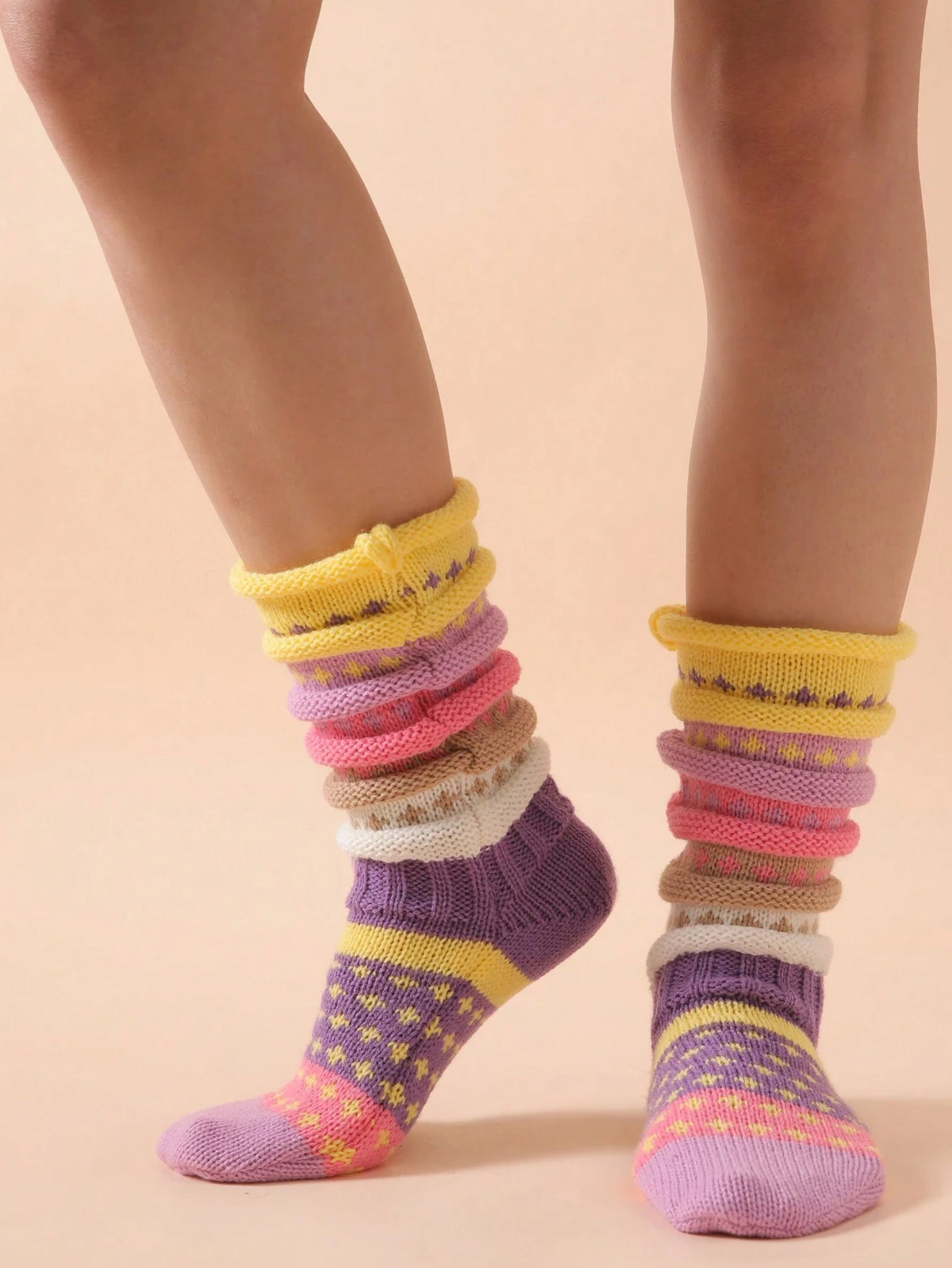 Women's Chunky Knit Slouch Socks, 2 Pairs with Colorful Stripes, Warm House Socks, Purple, view 4