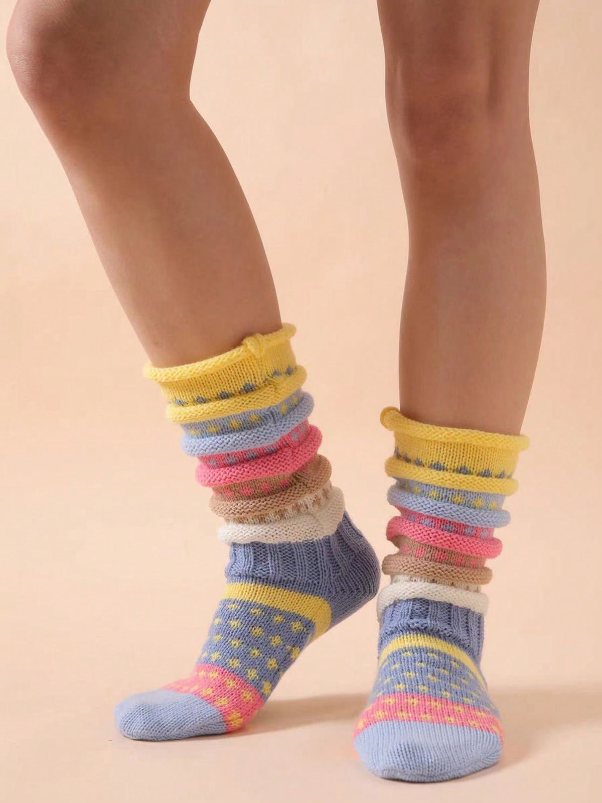 Women's Chunky Knit Slouch Socks, 2 Pairs with Colorful Stripes, Warm House Socks, Blue, view 2