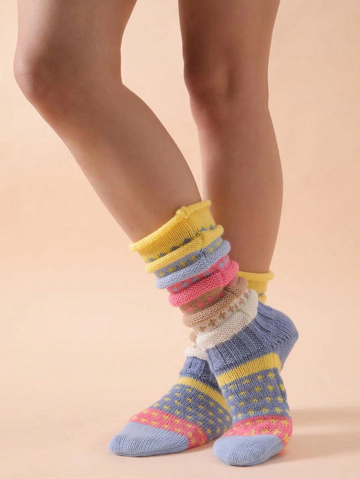 Women's Chunky Knit Slouch Socks, 2 Pairs with Colorful Stripes, Warm House Socks, Blue, view 3