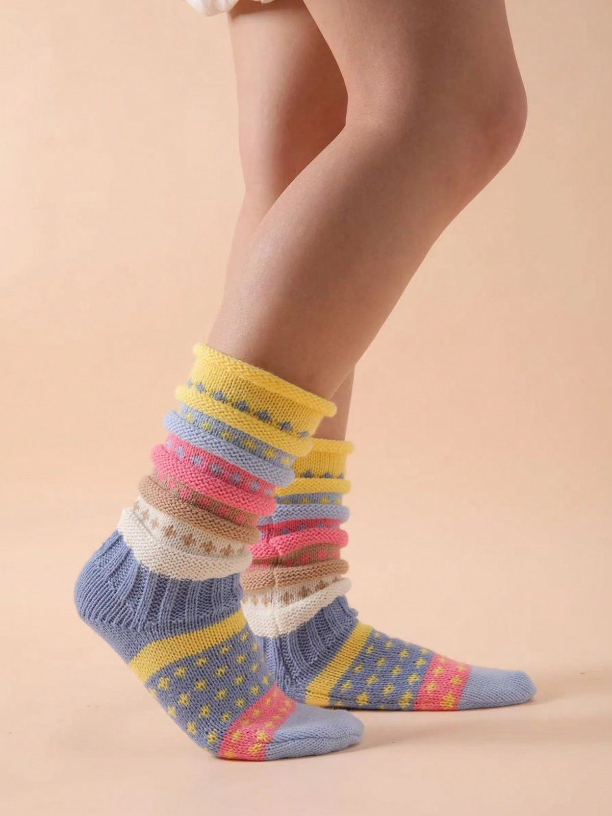 Women's Chunky Knit Slouch Socks, 2 Pairs with Colorful Stripes, Warm House Socks, Blue, view 4