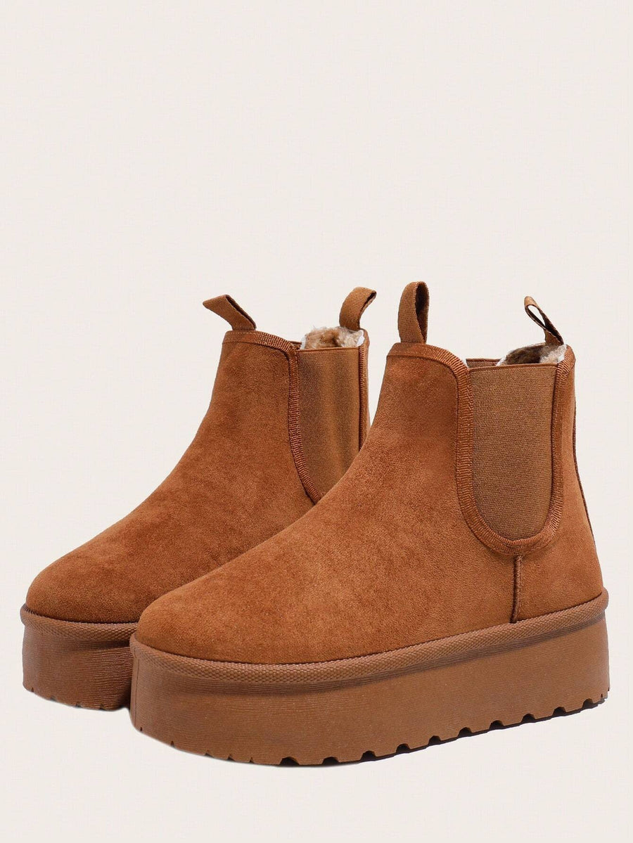 Women's Lined Chelsea Snow Boots, Suede-Look Platform Ankle Boots with Elastic Sides, Camel