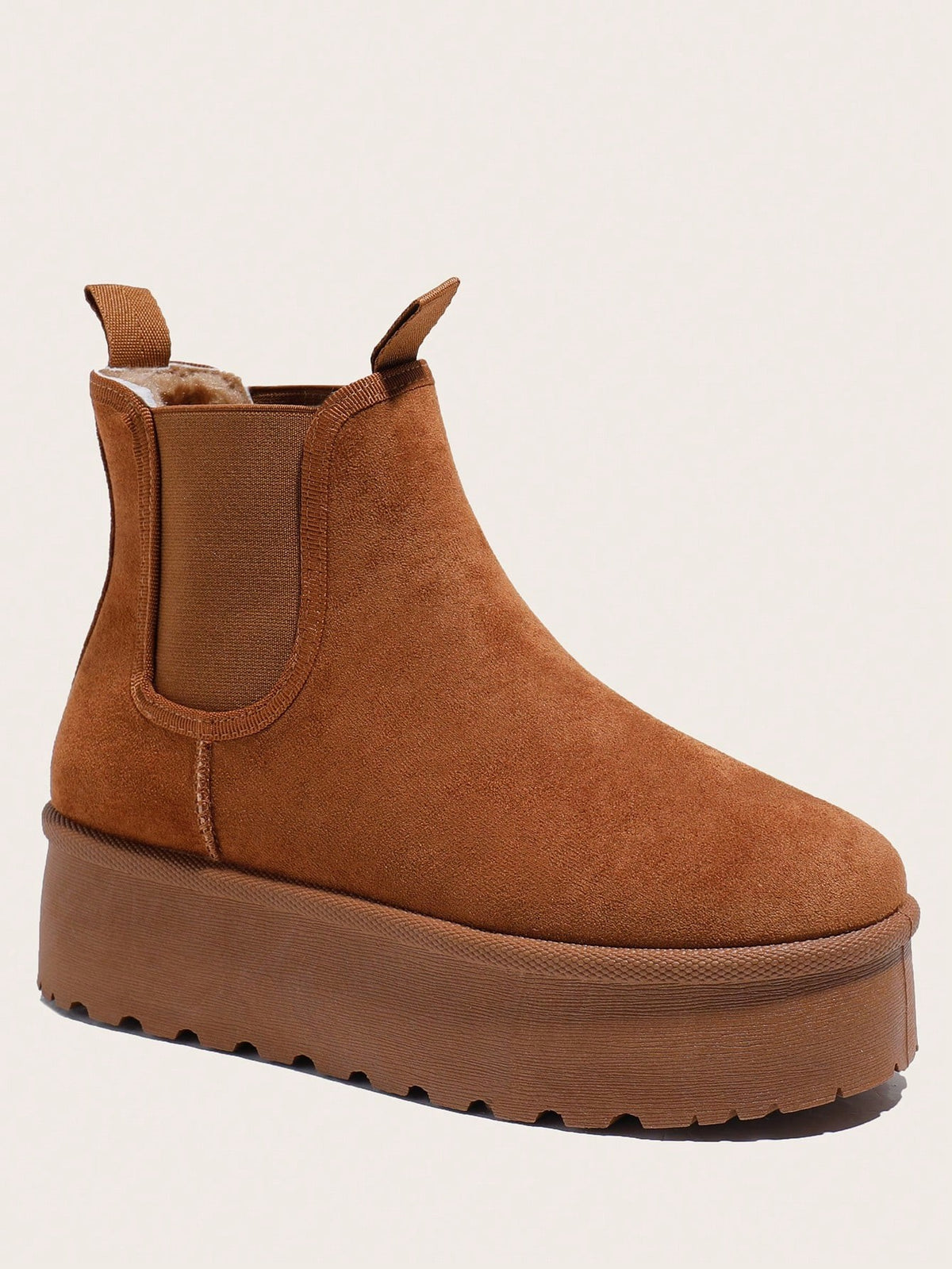 Women's Lined Chelsea Snow Boots, Suede-Look Platform Ankle Boots with Elastic Sides, Camel, view 3