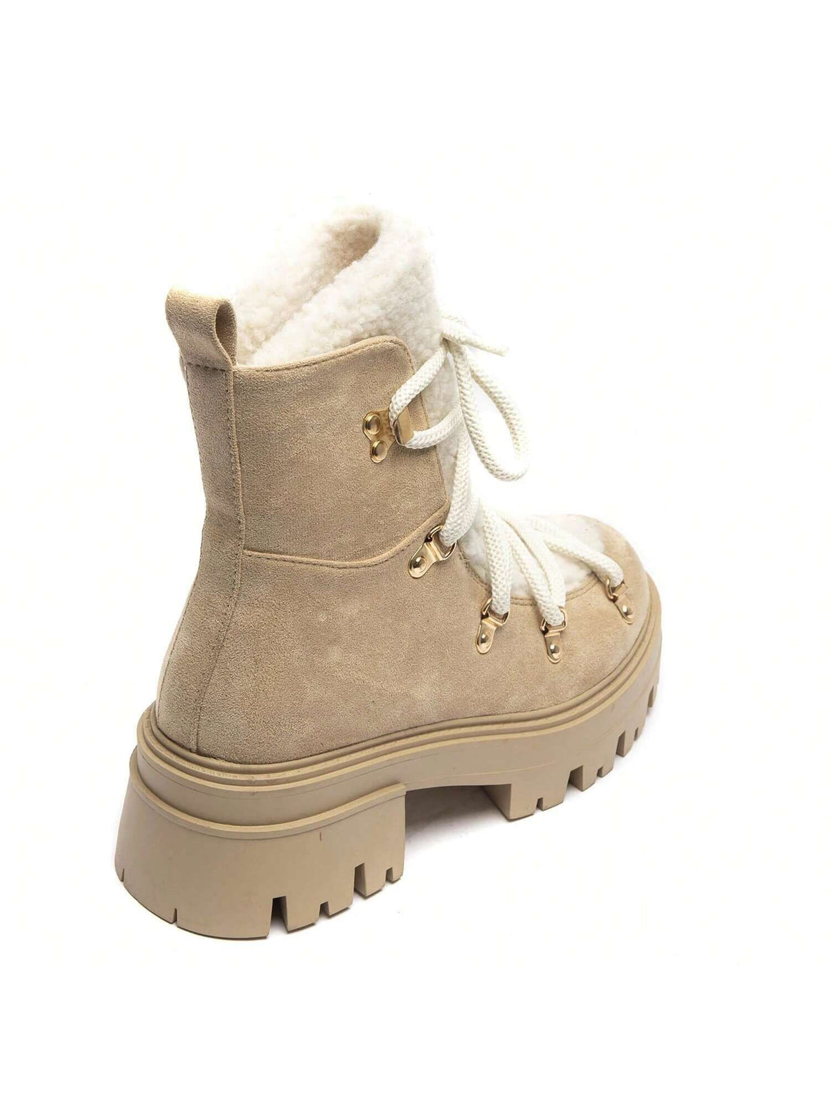 Women's Lace-Up Platform Boots with Plush Lining and Side Zip, Winter Ankle Boots, Beige, view 6