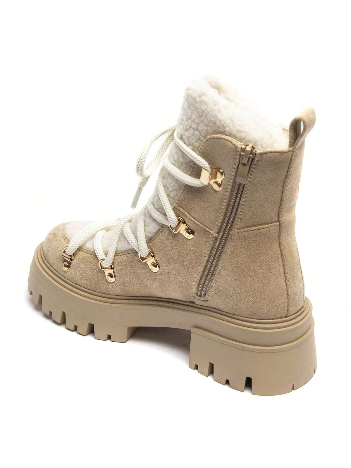 Women's Lace-Up Platform Boots with Plush Lining and Side Zip, Winter Ankle Boots, Beige, view 5
