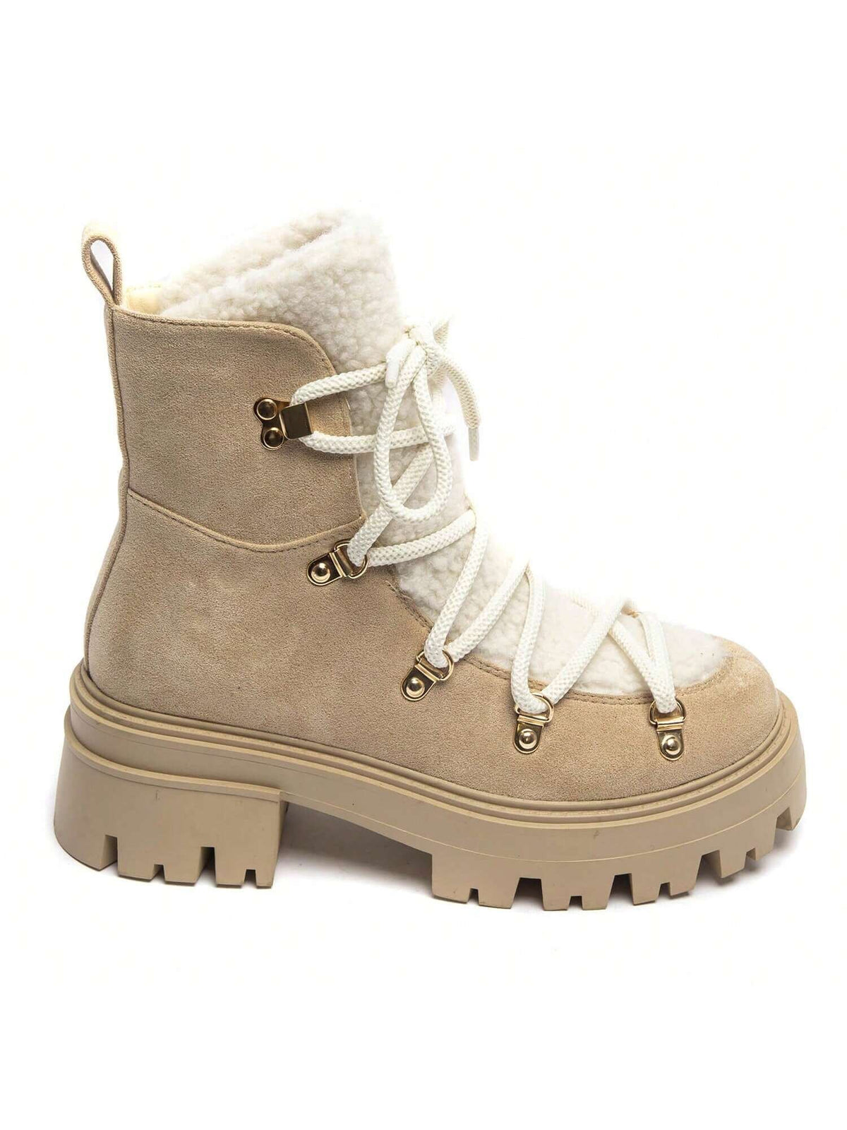 Women's Lace-Up Platform Boots with Plush Lining and Side Zip, Winter Ankle Boots, Beige, view 4