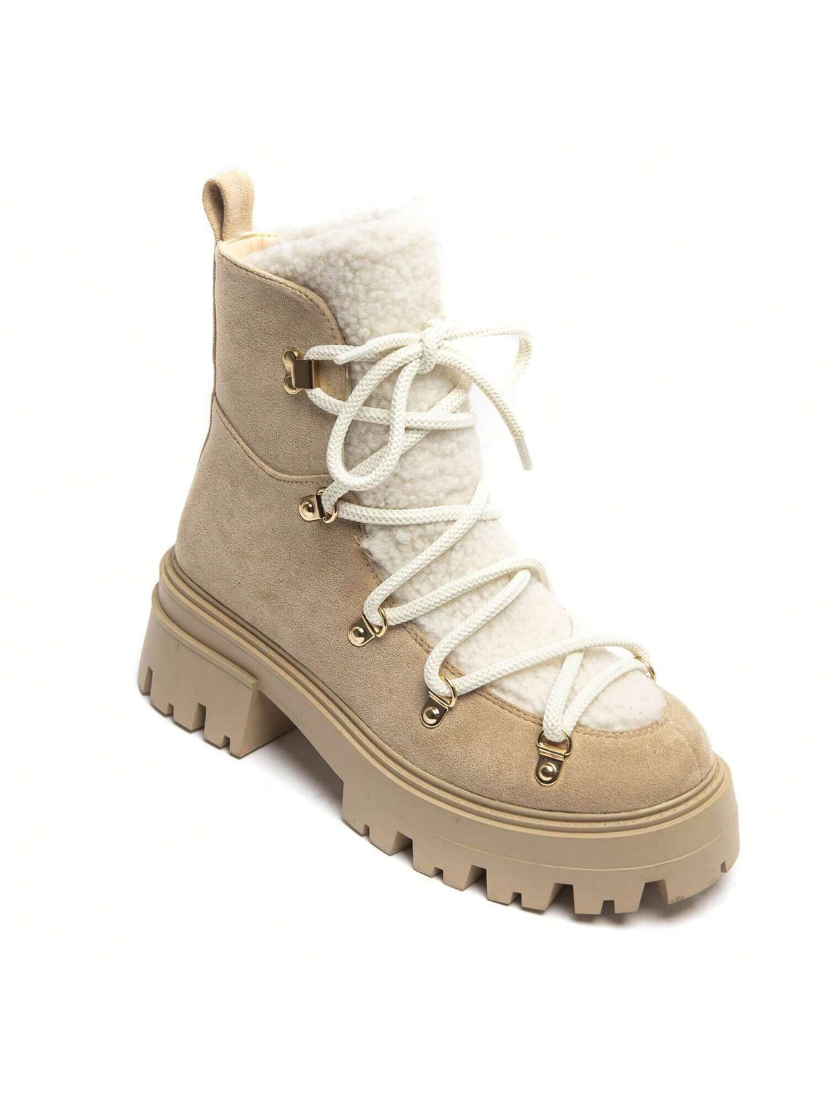 Women's Lace-Up Platform Boots with Plush Lining and Side Zip, Winter Ankle Boots, Beige, view 3