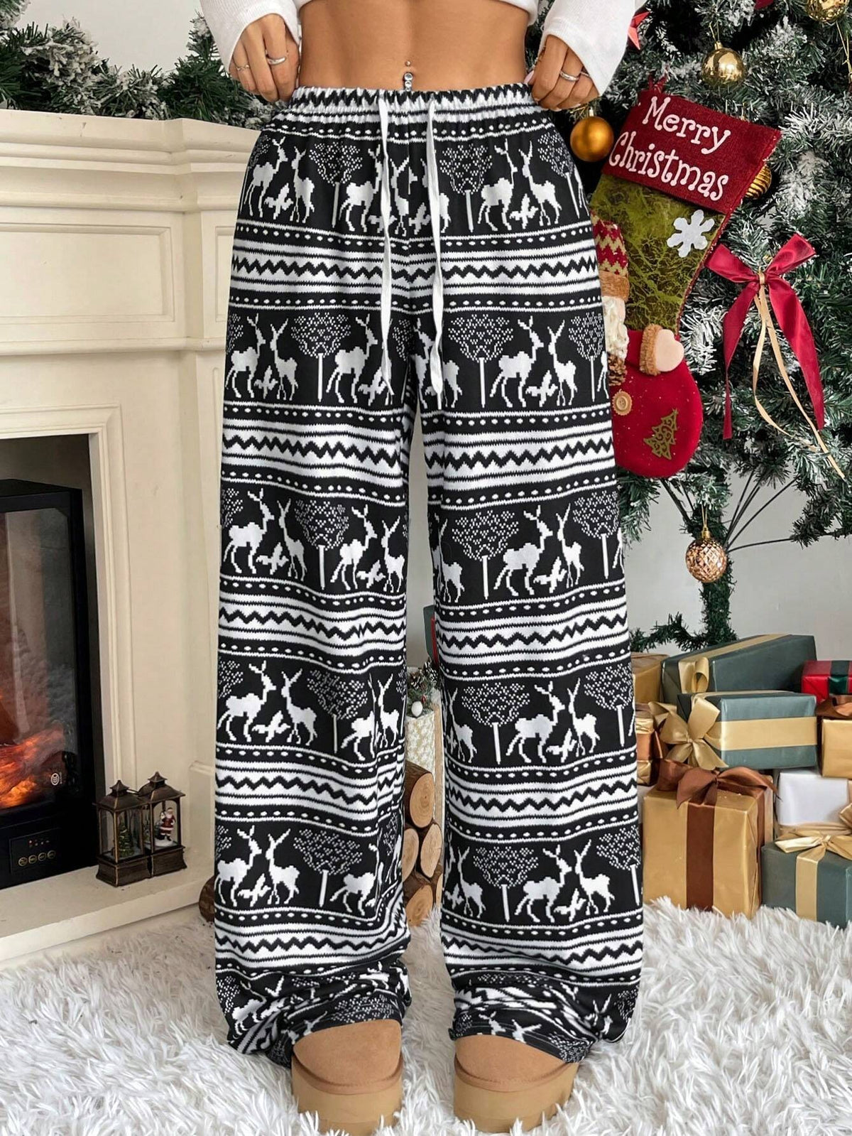 Women's Christmas Pajama Pants, Black and White Fair Isle Reindeer Print with Drawstring, Black, view 3